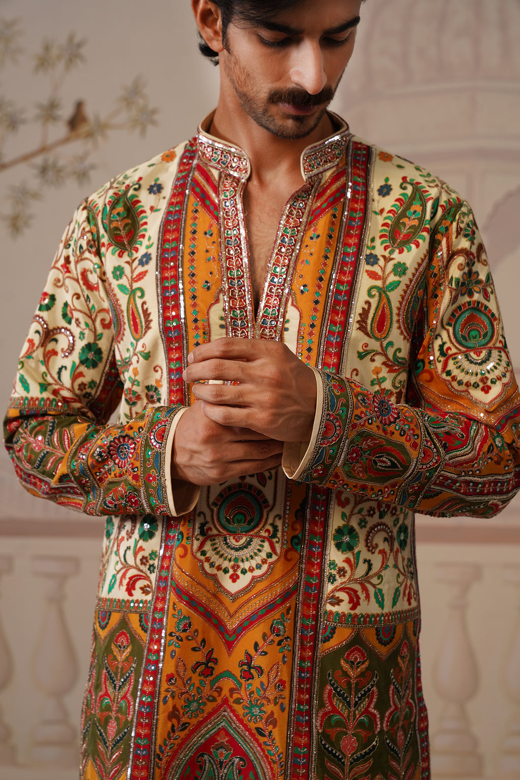 Bagh Beige Hand Embroidered V-Neck Kurta with Trouser