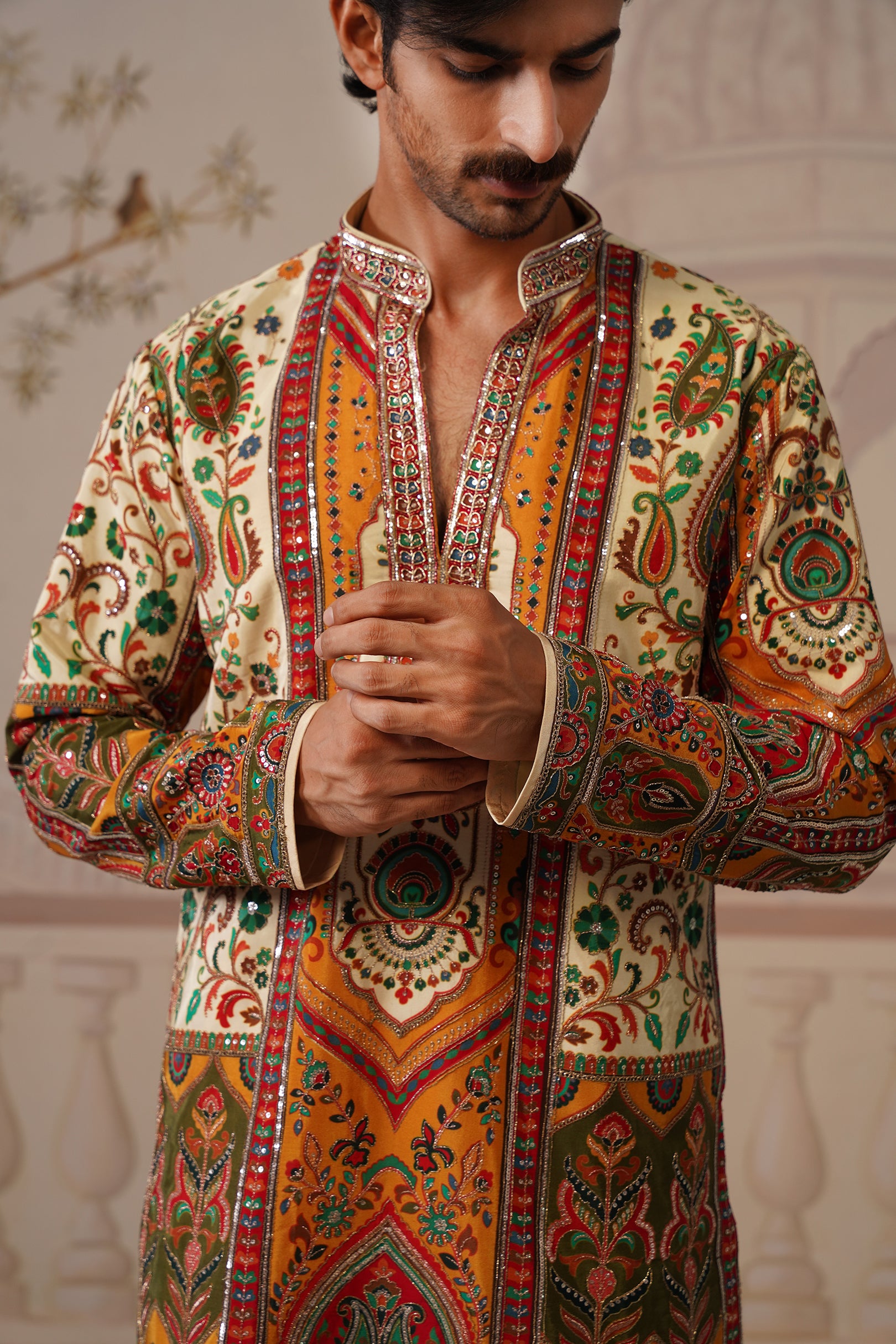 Bagh Beige Hand Embroidered V-Neck Kurta with Trouser