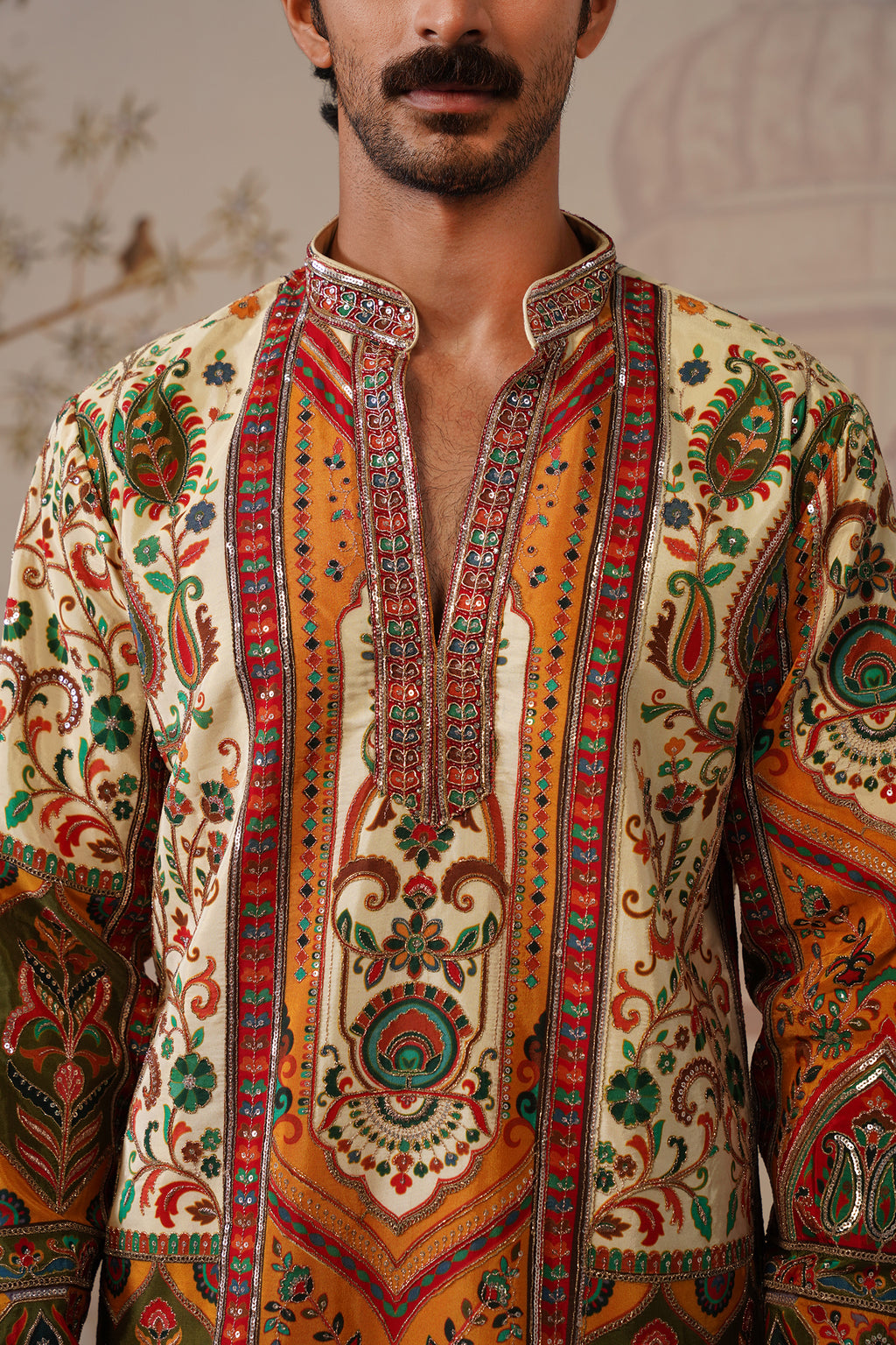 Bagh Beige Hand Embroidered V-Neck Kurta with Trouser