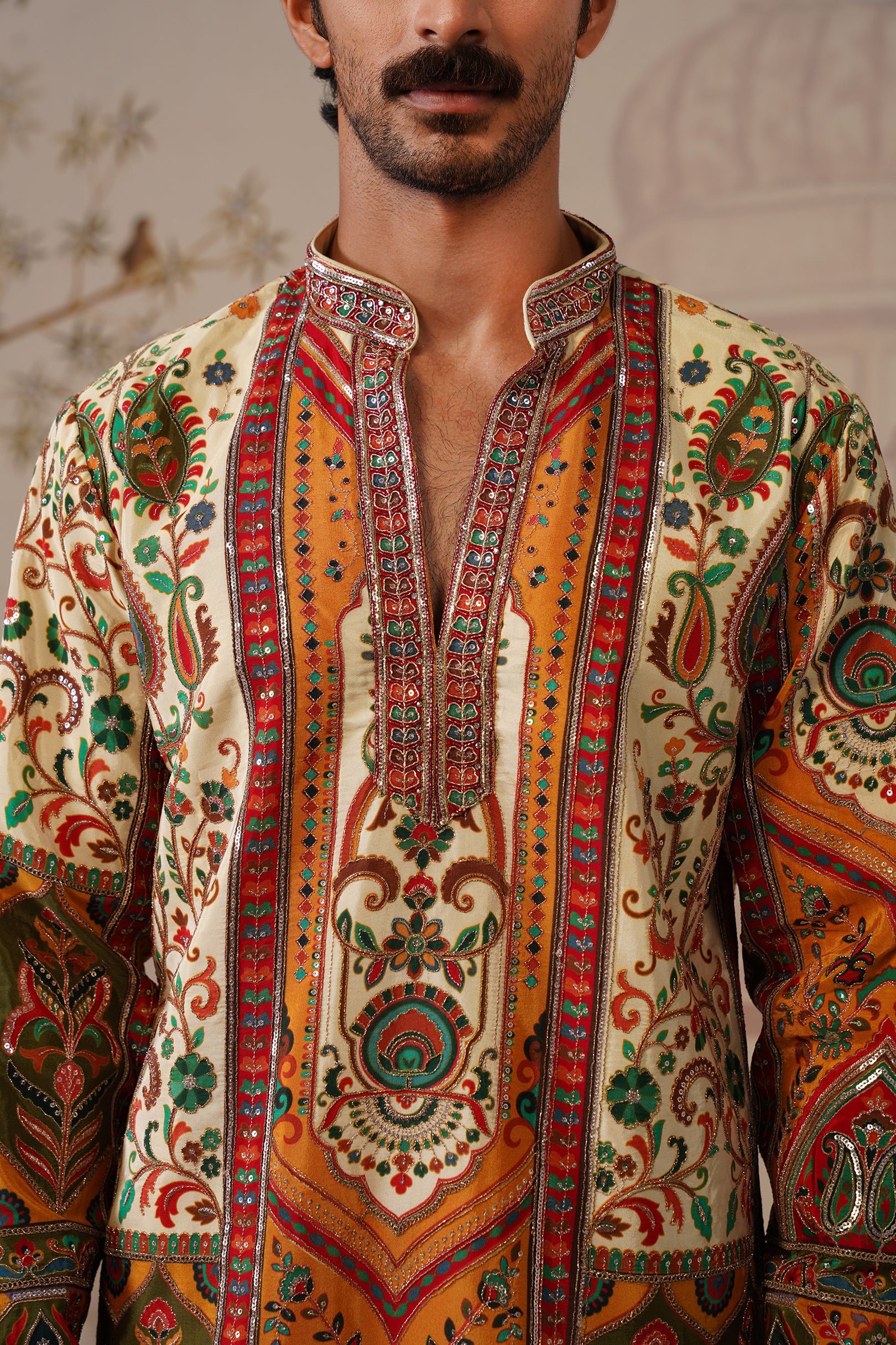Bagh Beige Hand Embroidered V-Neck Kurta with Trouser
