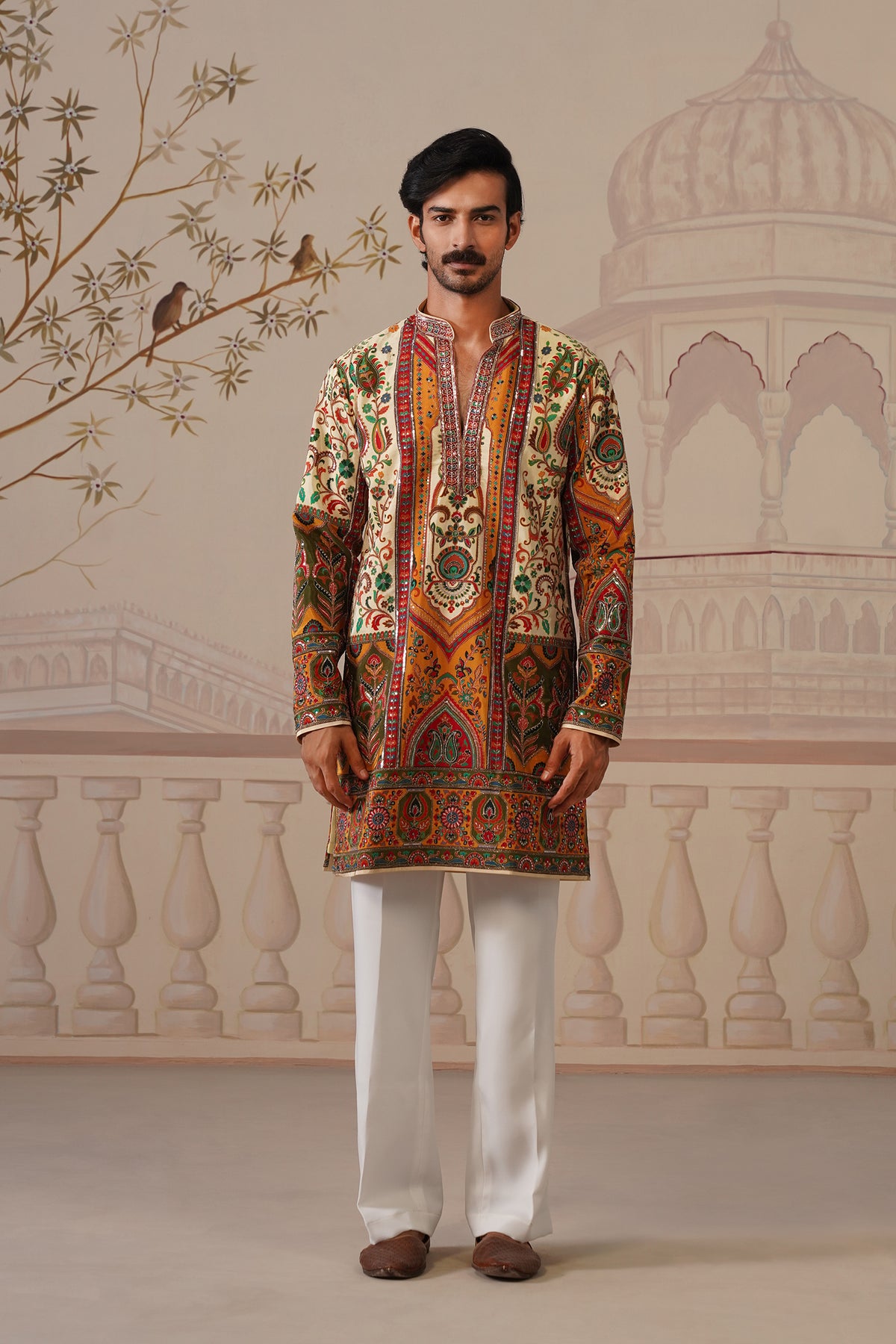 Bagh Beige Hand Embroidered V-Neck Kurta with Trouser
