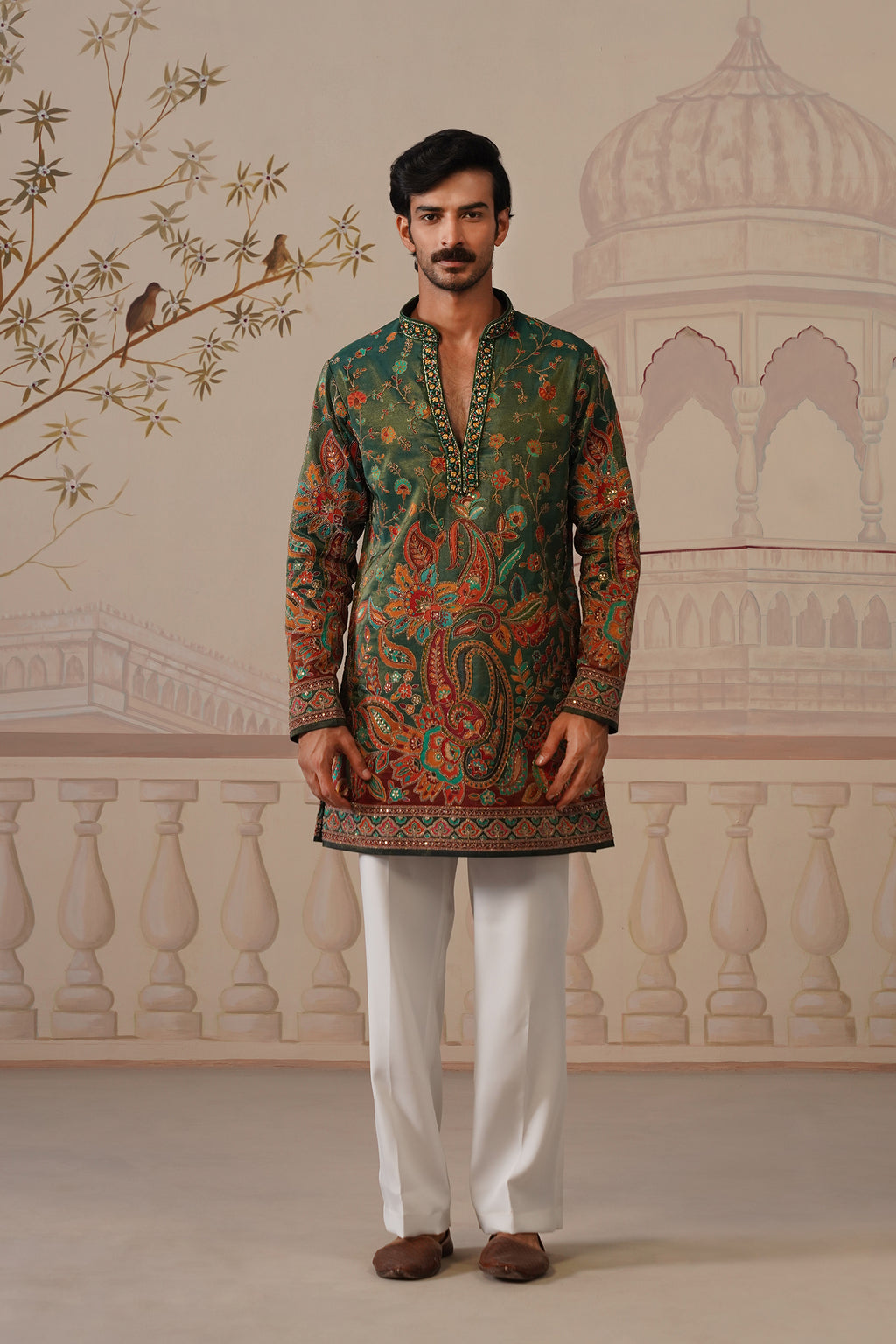 Panna V-Neck Hand Embroidered Kurta with Trouser