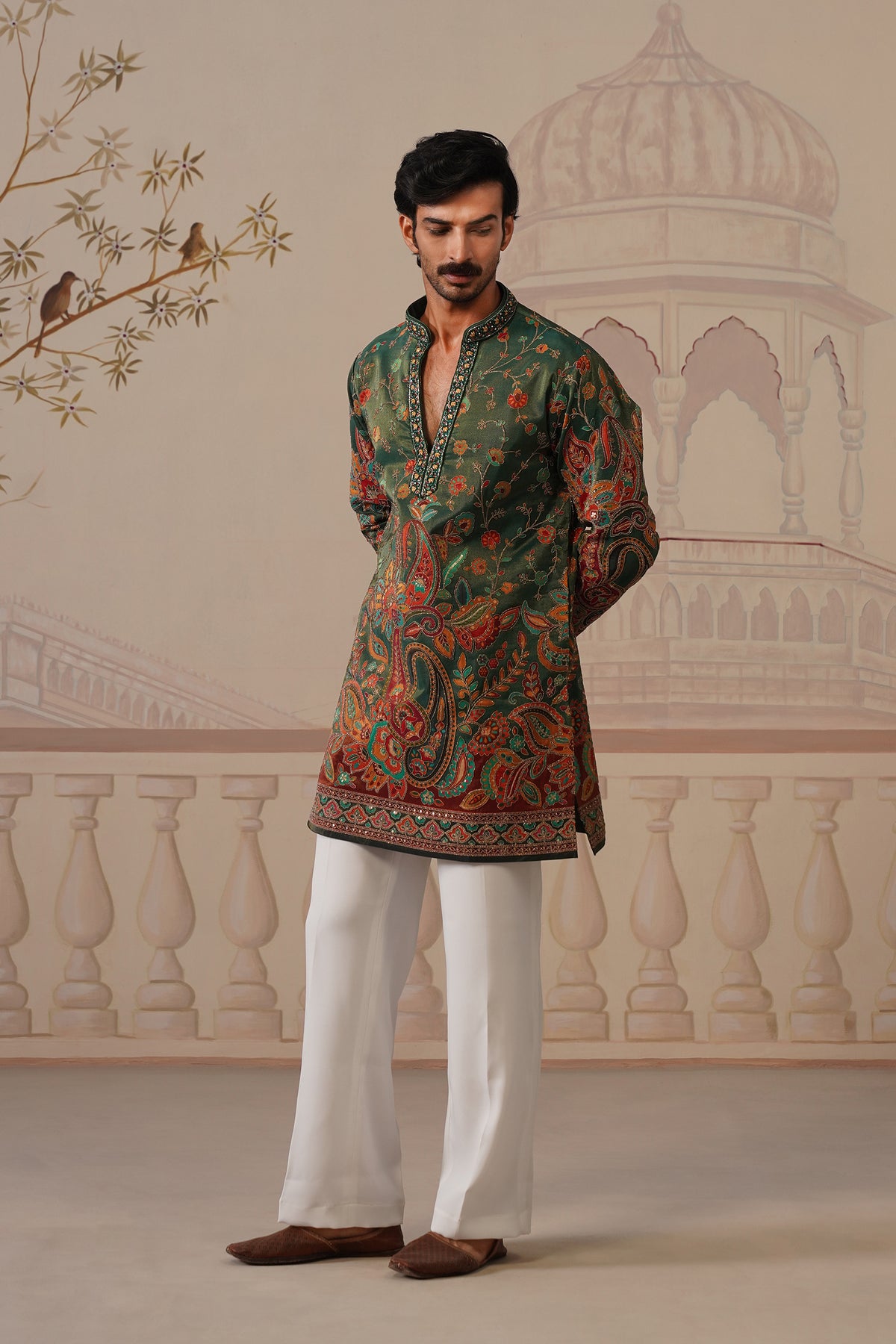 Panna V-Neck Hand Embroidered Kurta with Trouser