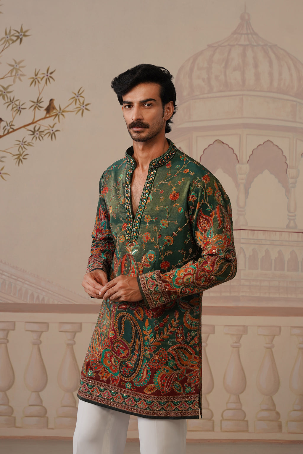 Panna V-Neck Hand Embroidered Kurta with Trouser