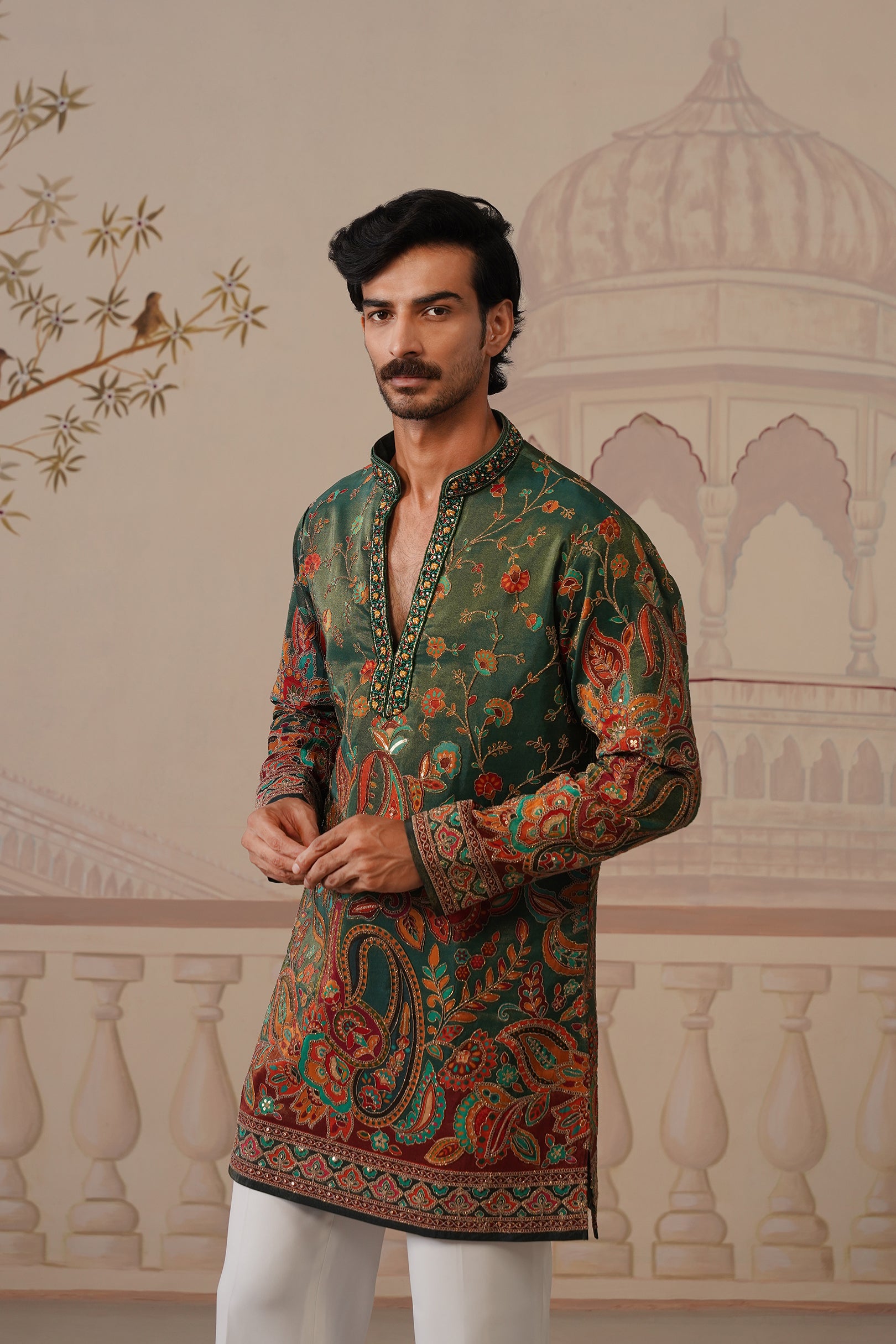 Panna V-Neck Hand Embroidered Kurta with Trouser