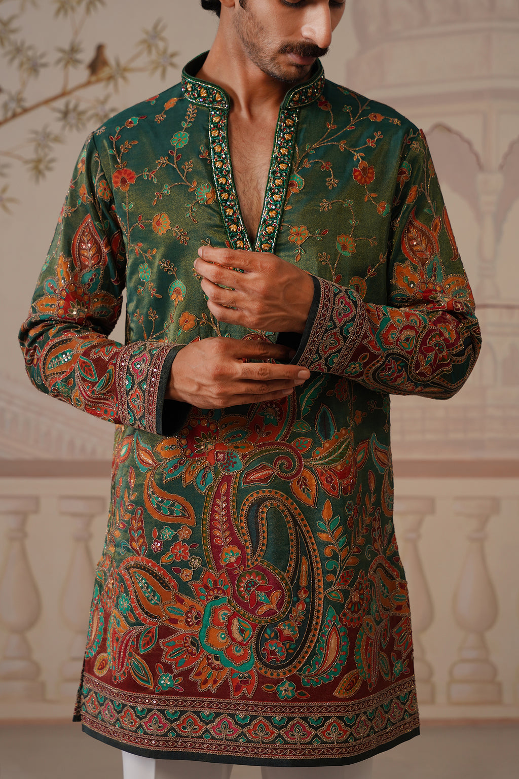 Panna V-Neck Hand Embroidered Kurta with Trouser
