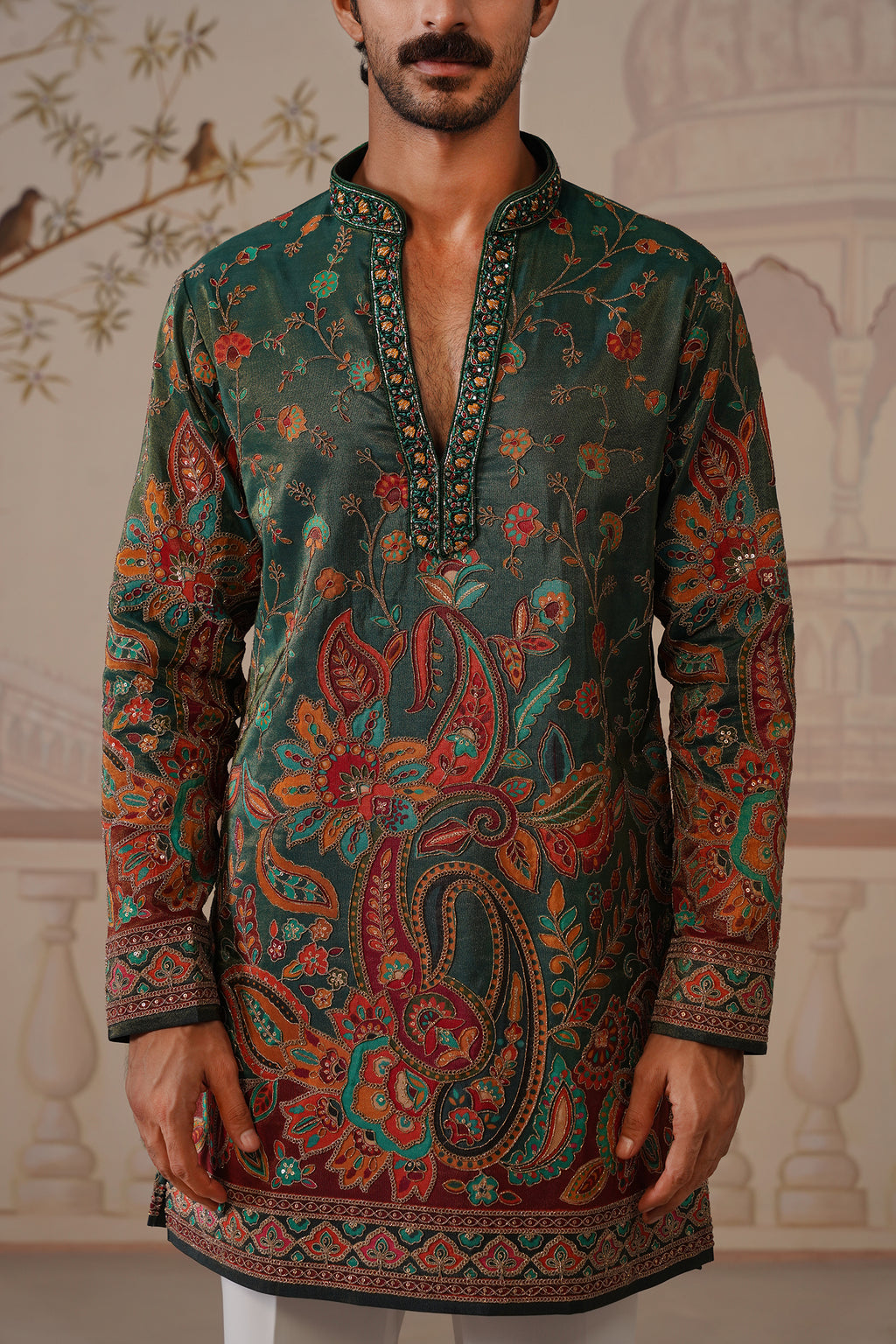 Panna V-Neck Hand Embroidered Kurta with Trouser