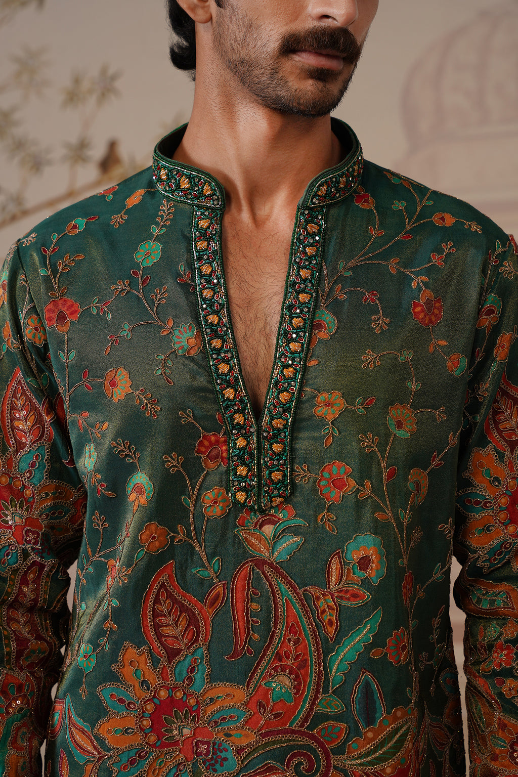 Panna V-Neck Hand Embroidered Kurta with Trouser