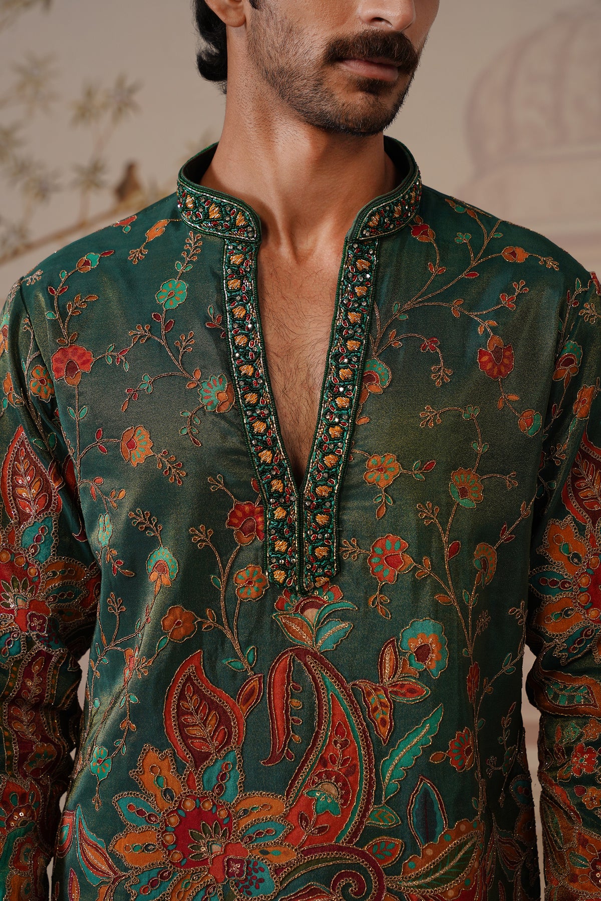 Panna V-Neck Hand Embroidered Kurta with Trouser
