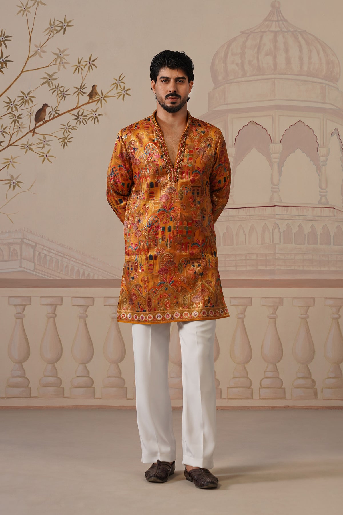 Kesar Jacquard Hand Embroidered V-Neck Kurta Set