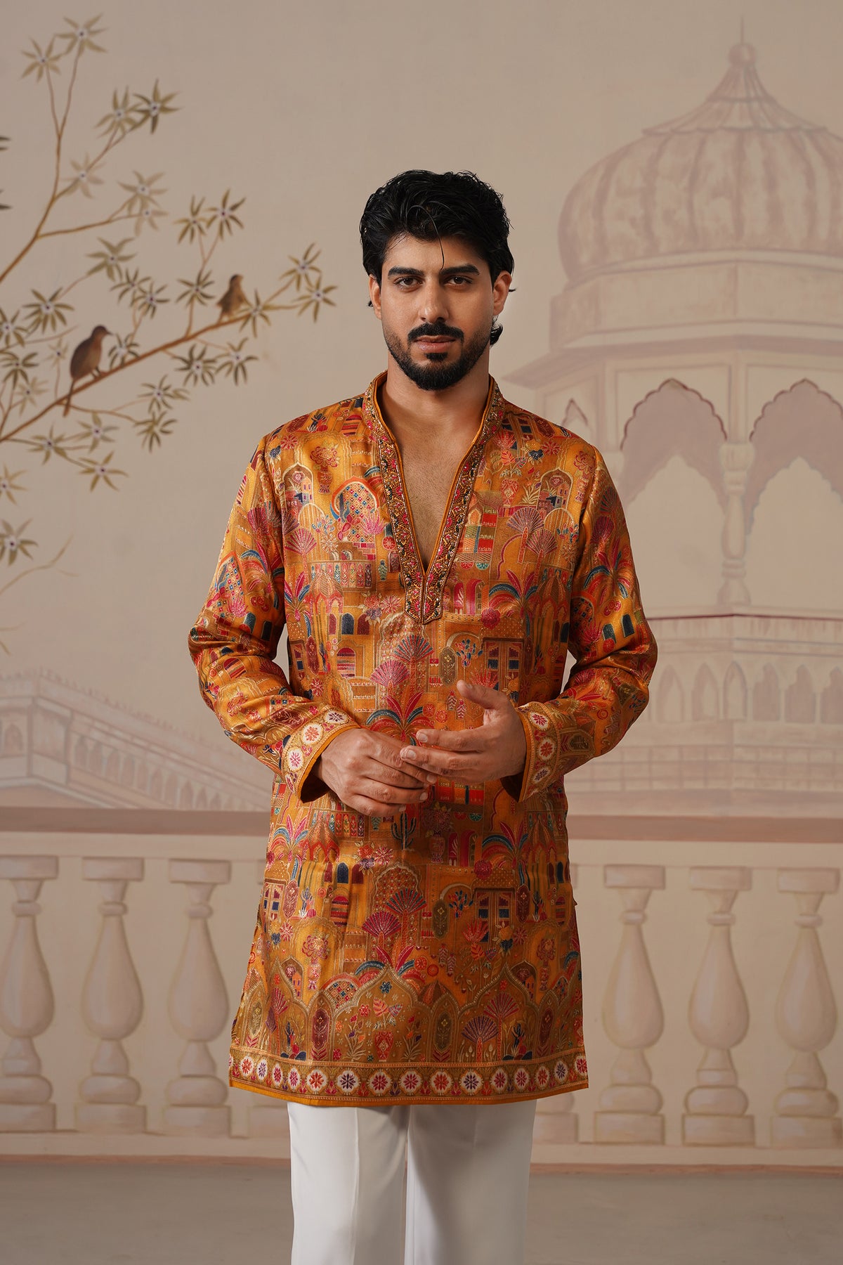 Kesar Jacquard Hand Embroidered V-Neck Kurta Set