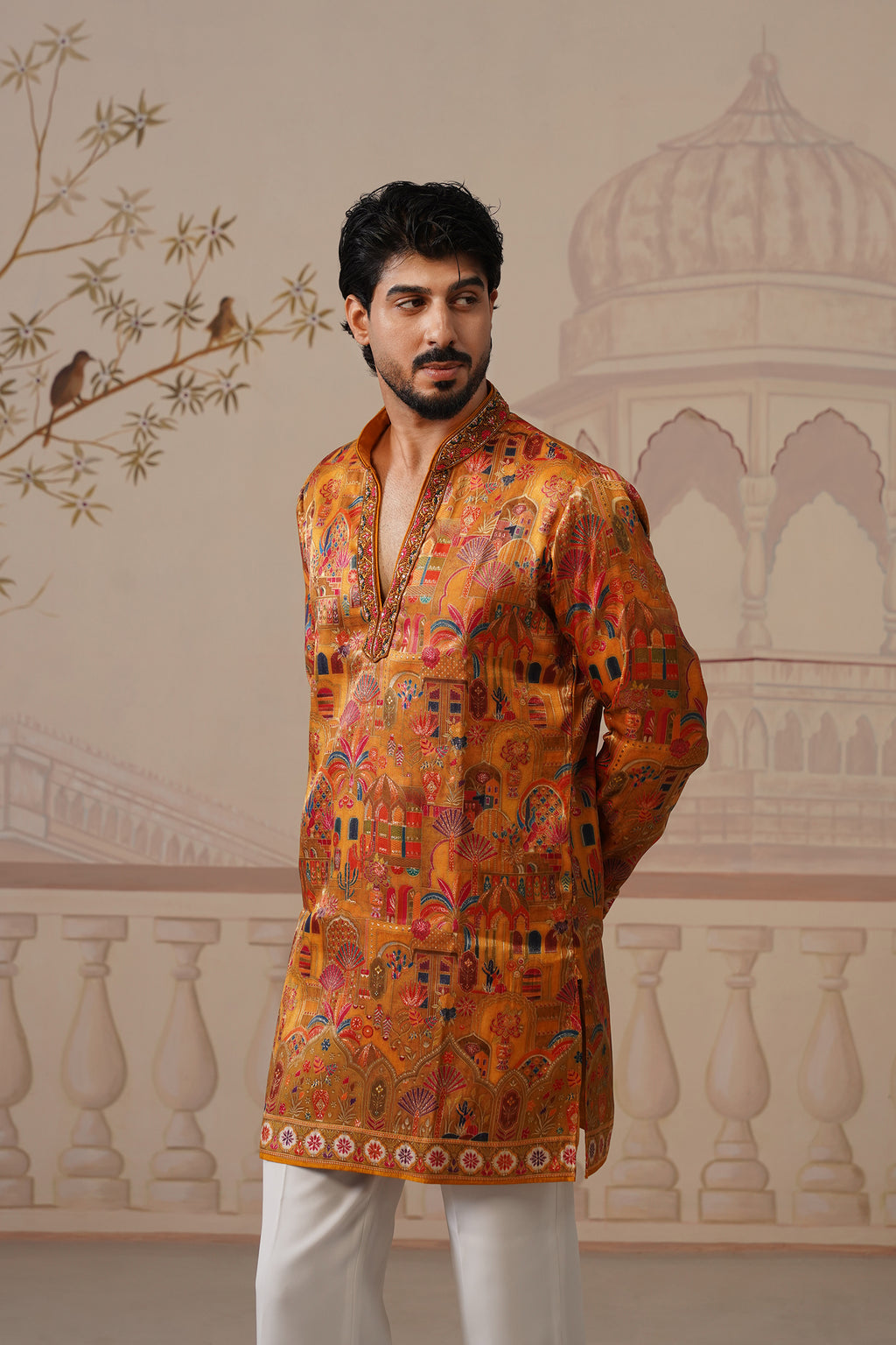 Kesar Jacquard Hand Embroidered V-Neck Kurta Set