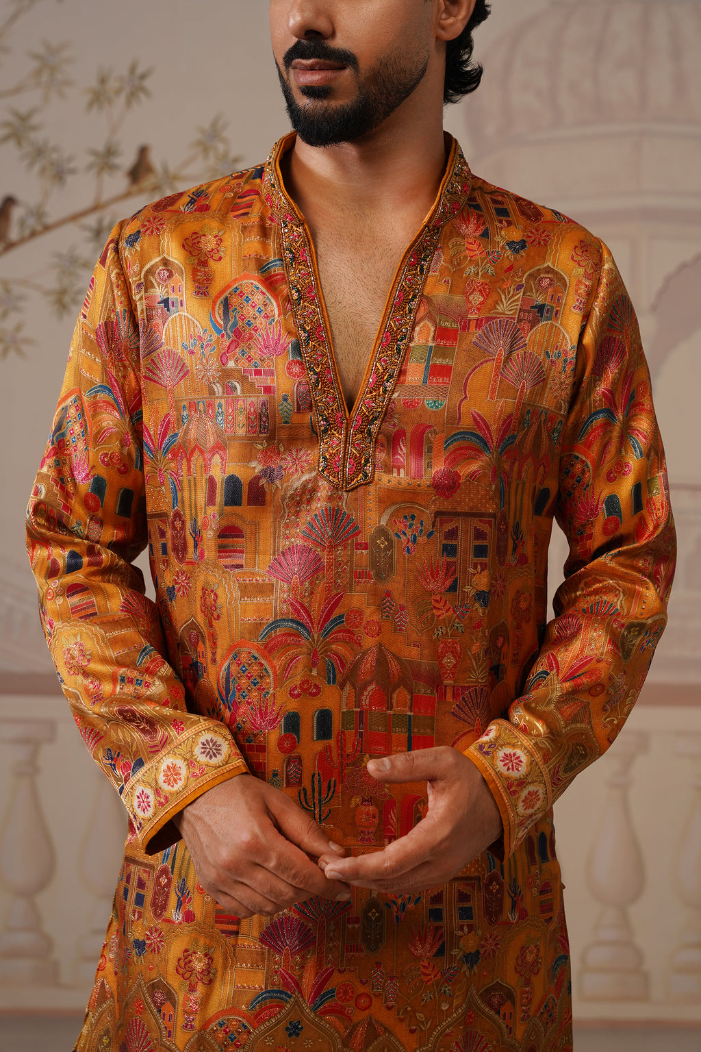 Kesar Jacquard Hand Embroidered V-Neck Kurta Set