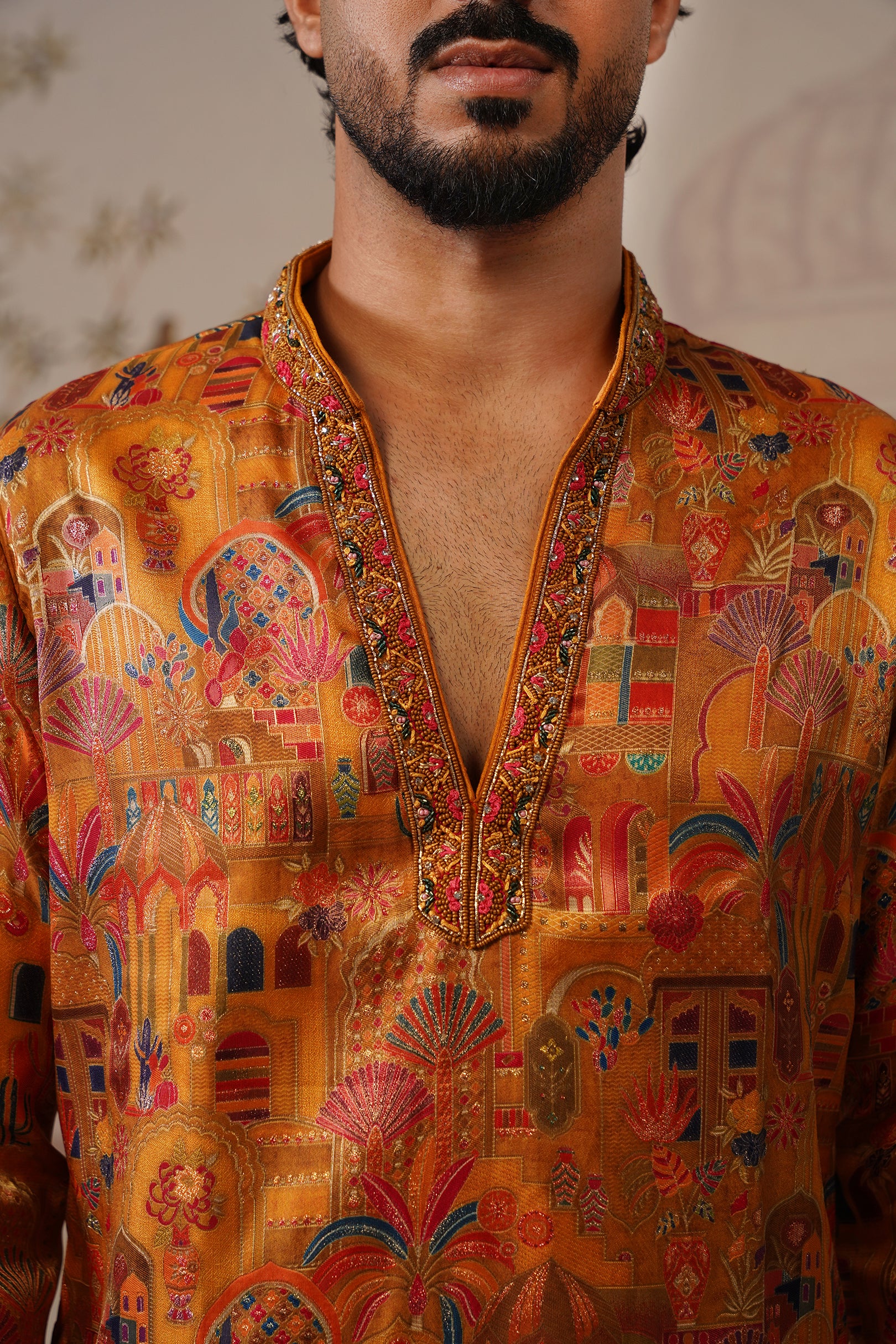 Kesar Jacquard Hand Embroidered V-Neck Kurta Set