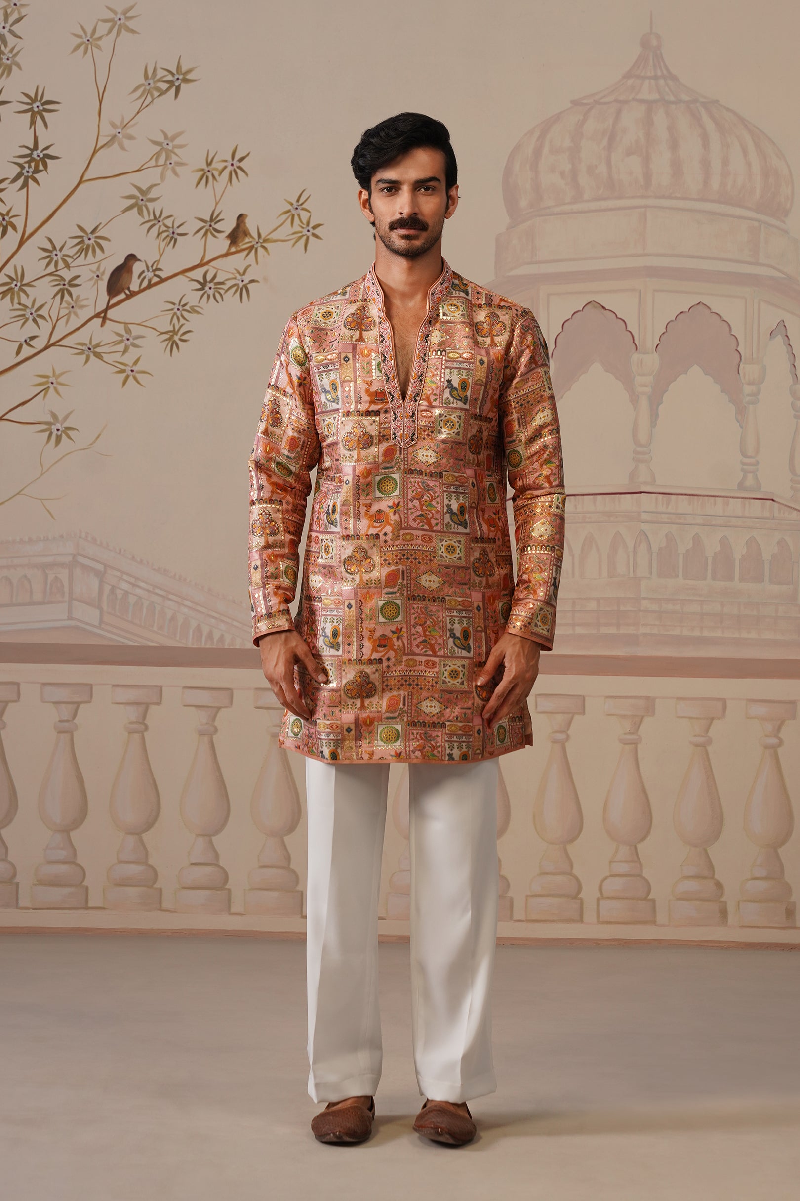 Gulab Jacquard Hand Embroidered V-Neck Kurta Set