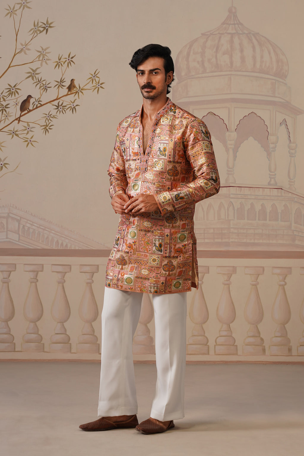 Gulab Jacquard Hand Embroidered V-Neck Kurta Set