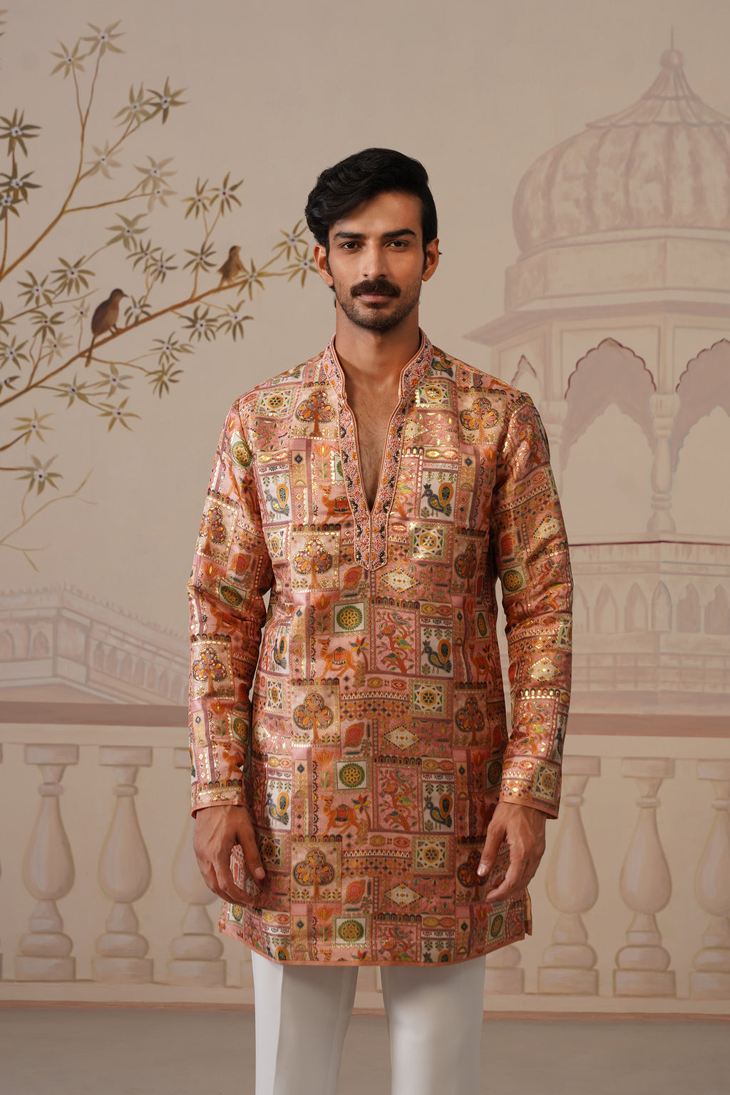 Gulab Jacquard Hand Embroidered V-Neck Kurta Set
