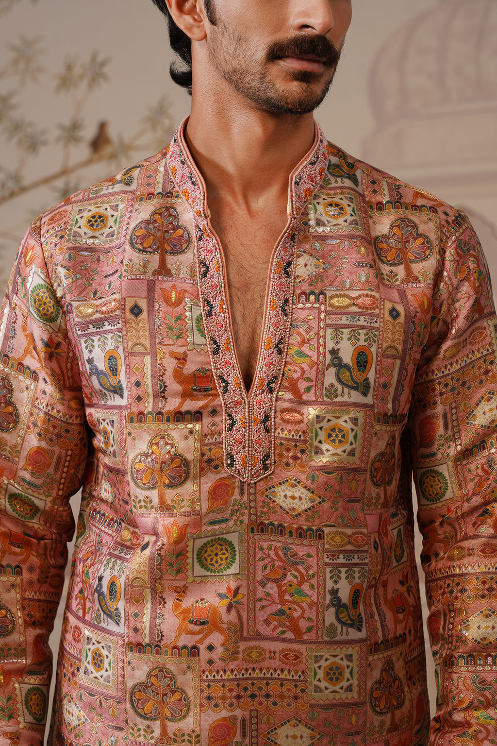 Gulab Jacquard Hand Embroidered V-Neck Kurta Set