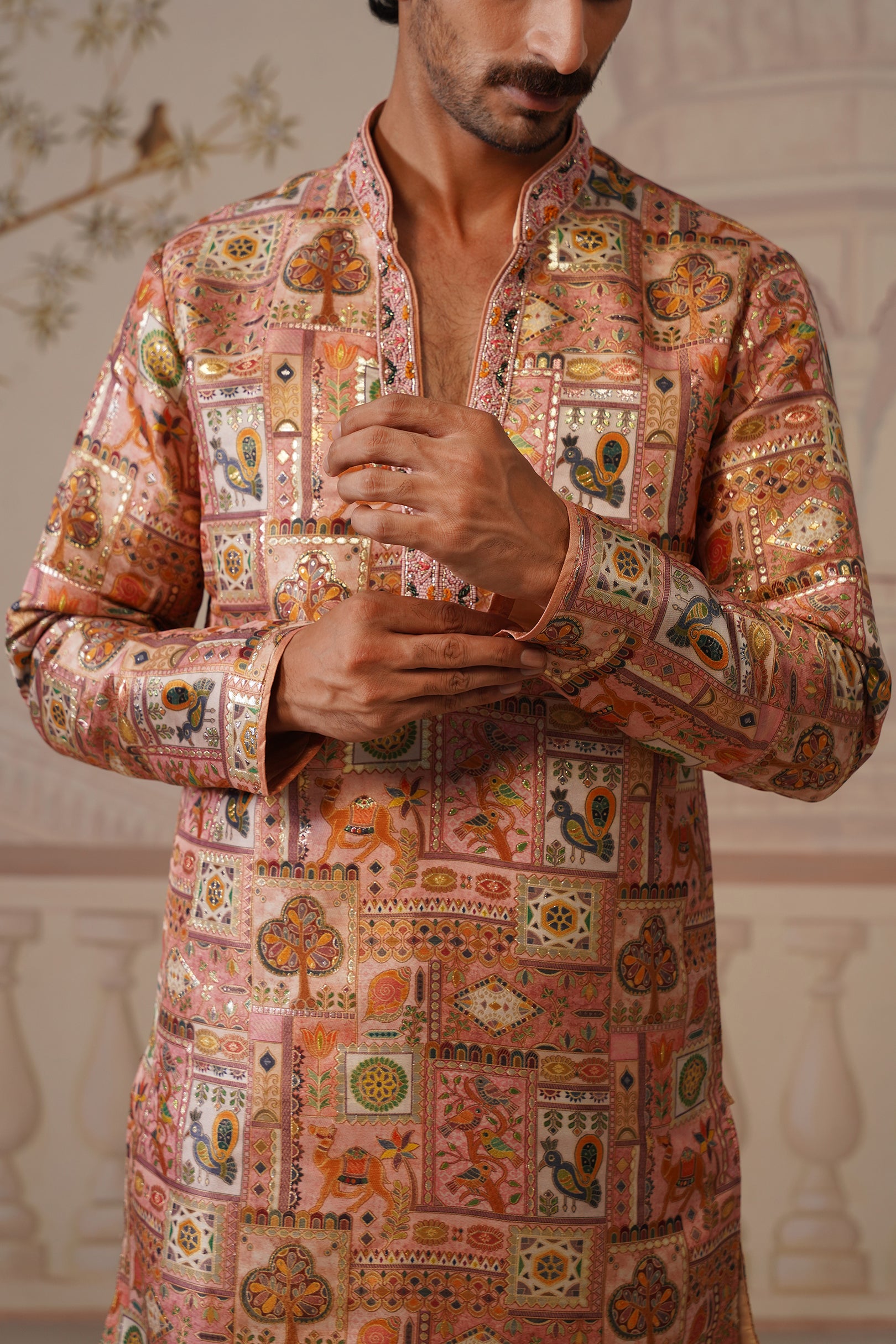 Gulab Jacquard Hand Embroidered V-Neck Kurta Set