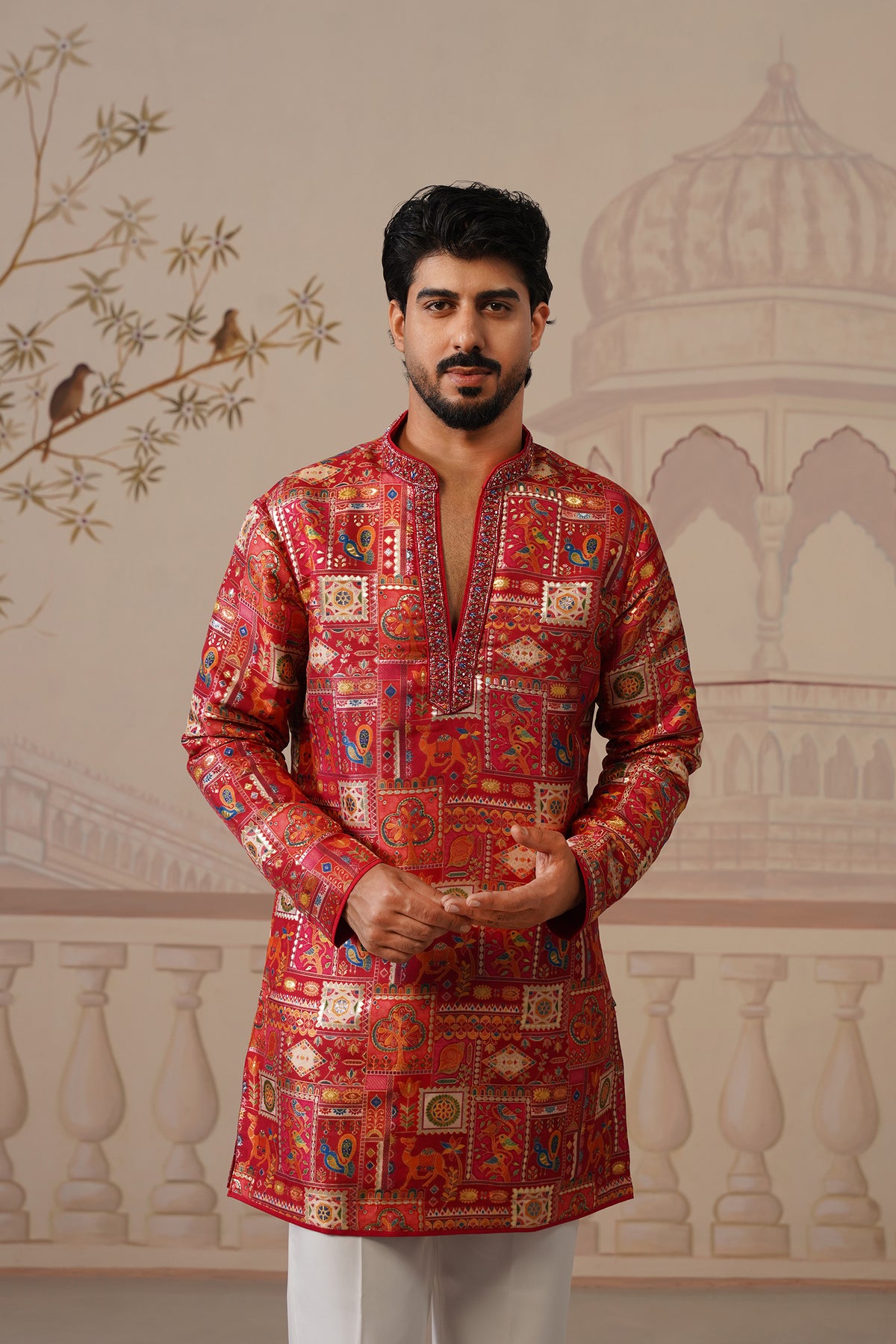 Tarang Jacquard Hand Embroidered V-Neck Kurta with Trouser