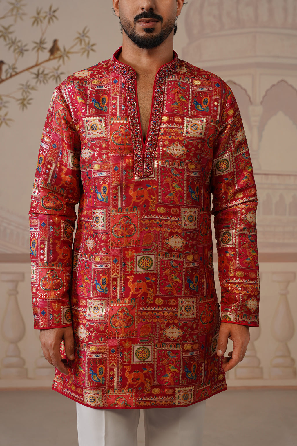 Tarang Jacquard Hand Embroidered V-Neck Kurta with Trouser