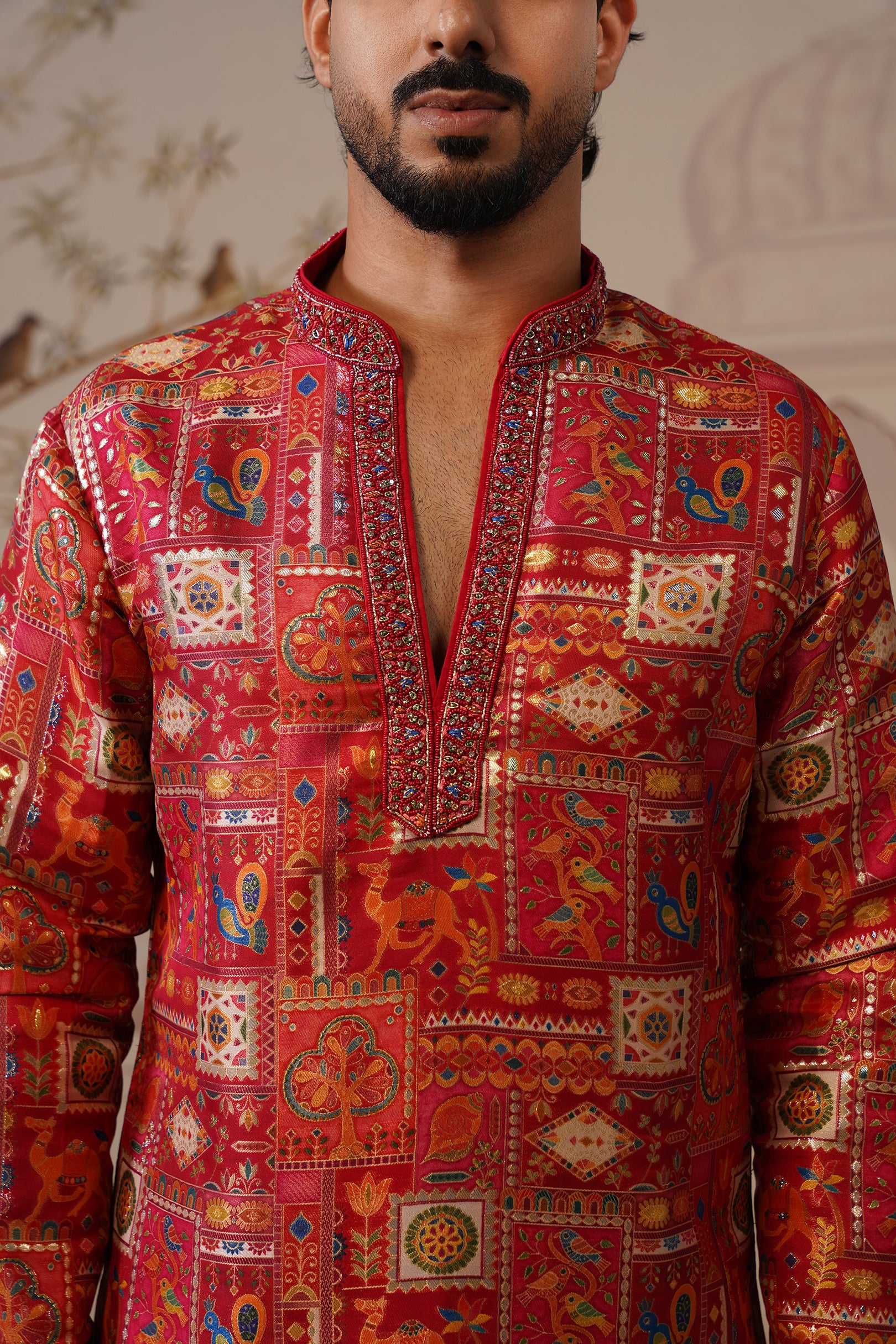 Tarang Jacquard Hand Embroidered V-Neck Kurta with Trouser