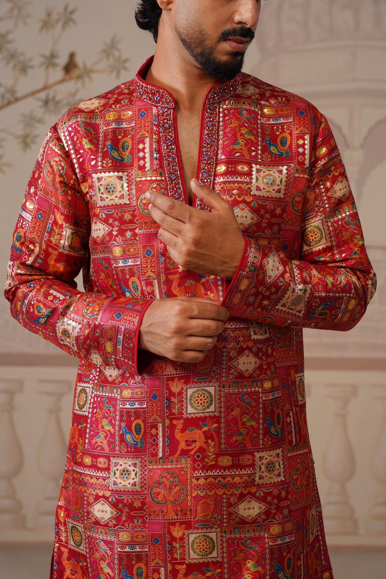Tarang Jacquard Hand Embroidered V-Neck Kurta with Trouser