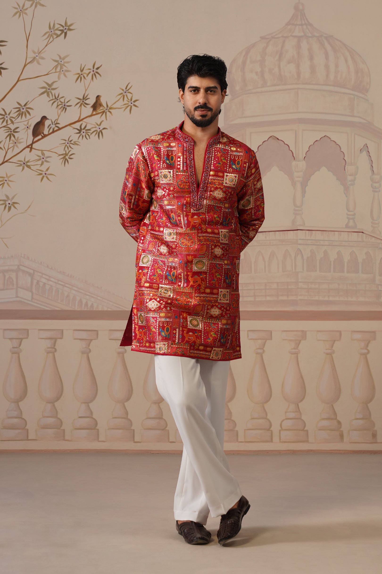 Tarang Jacquard Hand Embroidered V-Neck Kurta with Trouser