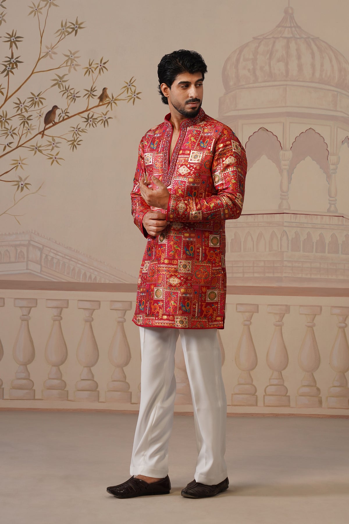 Tarang Jacquard Hand Embroidered V-Neck Kurta with Trouser