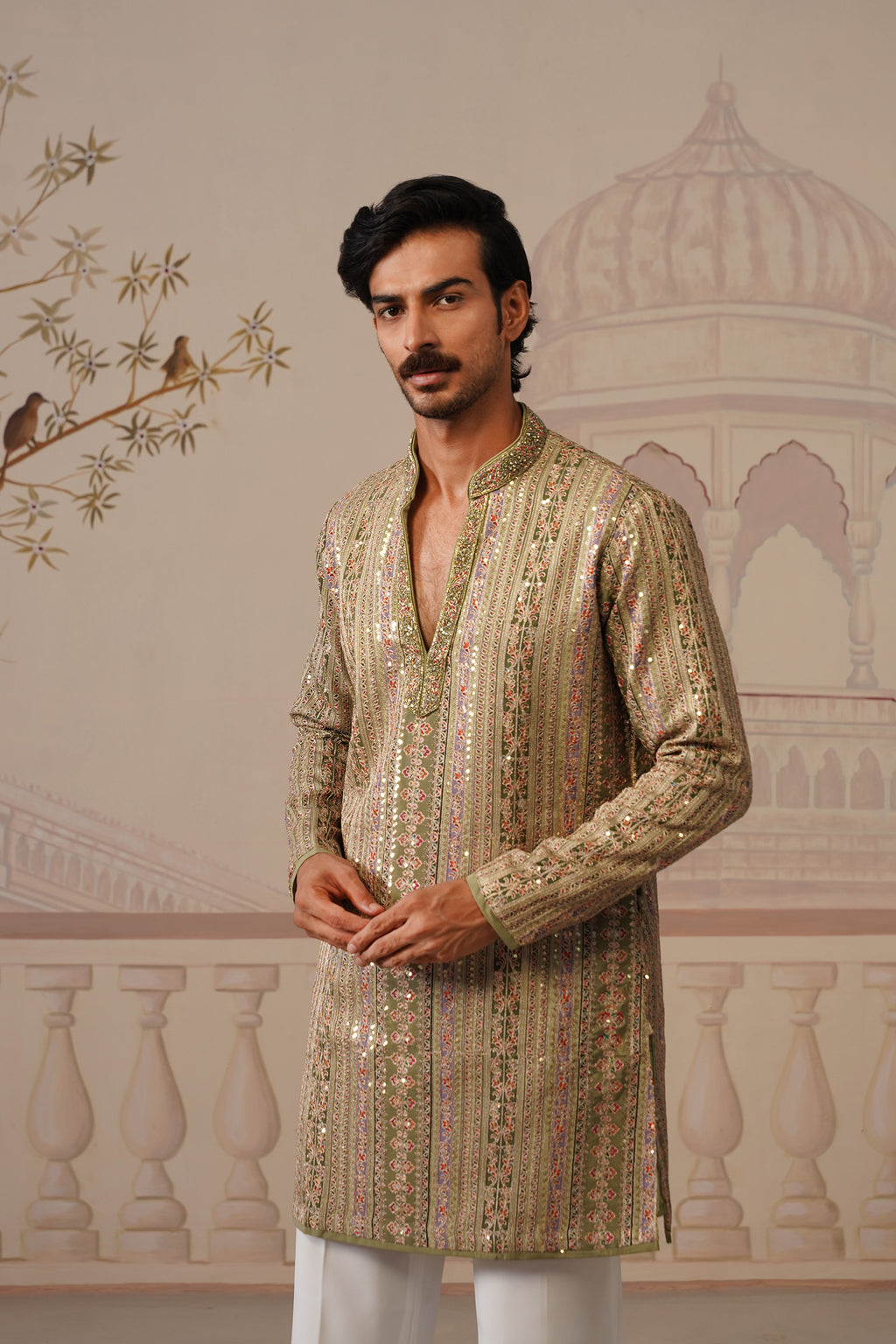 Rang Mahal Sage Green Hand Embroidered V-Neck Kurta Set