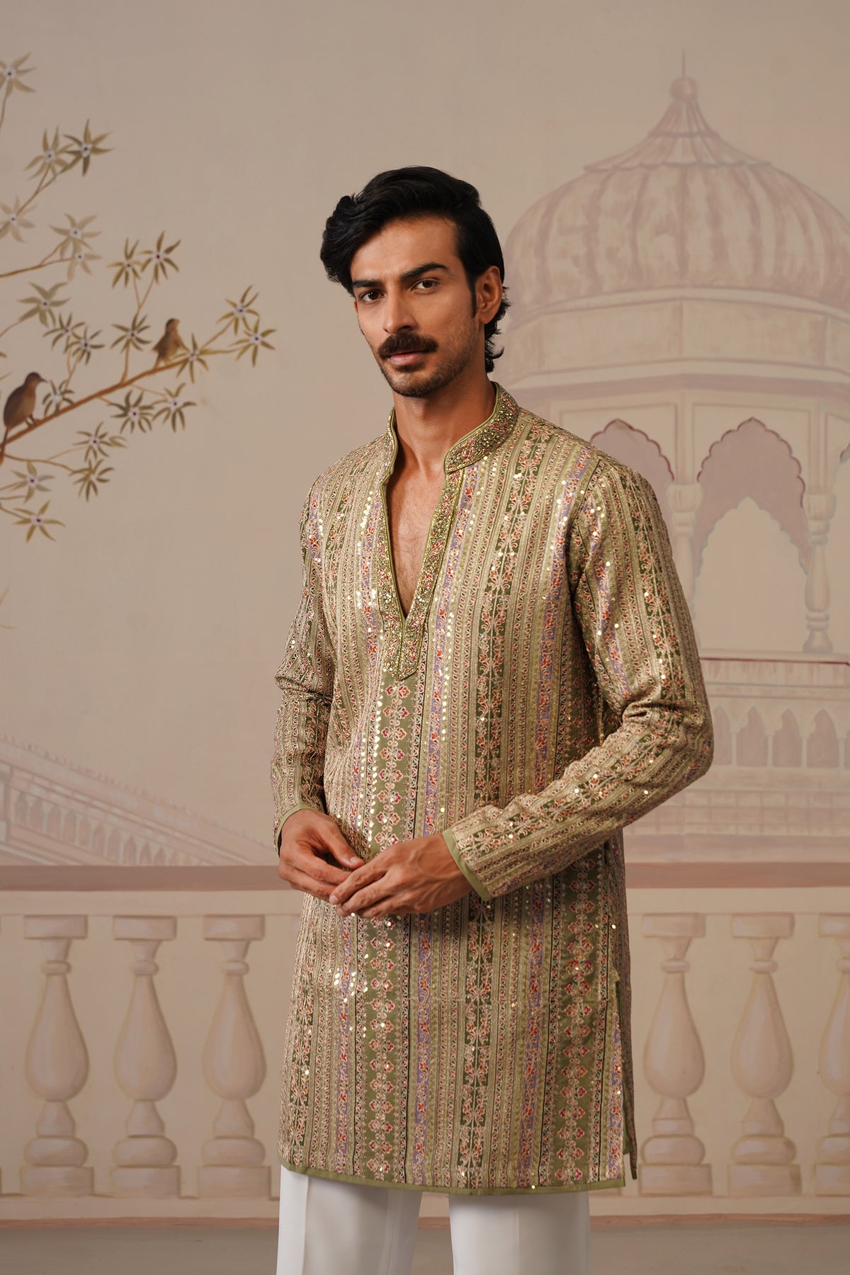 Rang Mahal Sage Green Hand Embroidered V-Neck Kurta Set