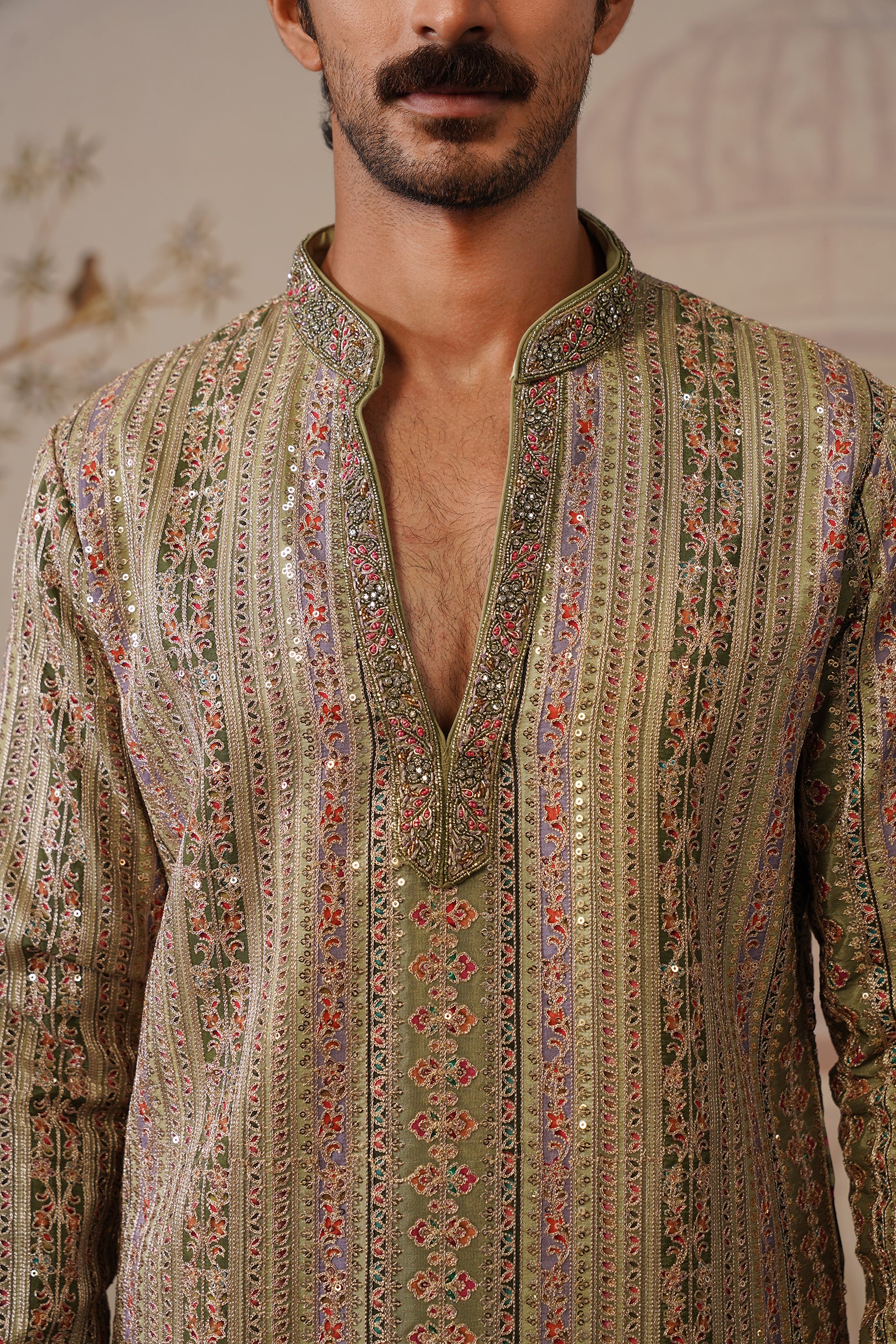 Rang Mahal Sage Green Hand Embroidered V-Neck Kurta Set