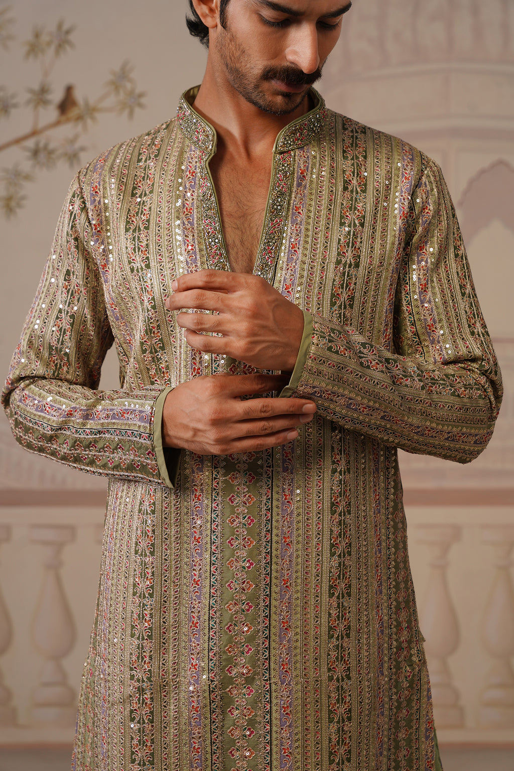 Rang Mahal Sage Green Hand Embroidered V-Neck Kurta Set