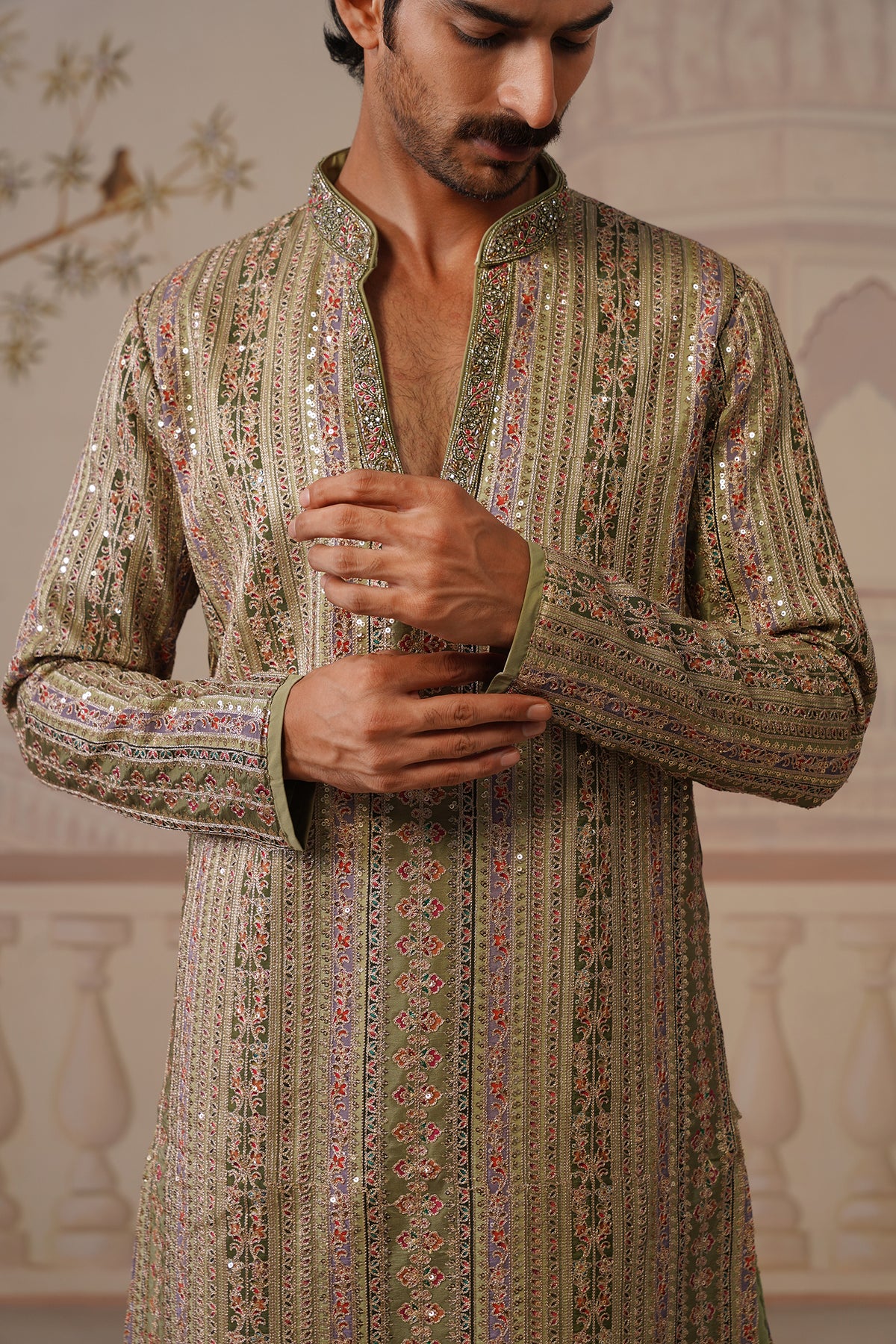 Rang Mahal Sage Green Hand Embroidered V-Neck Kurta Set