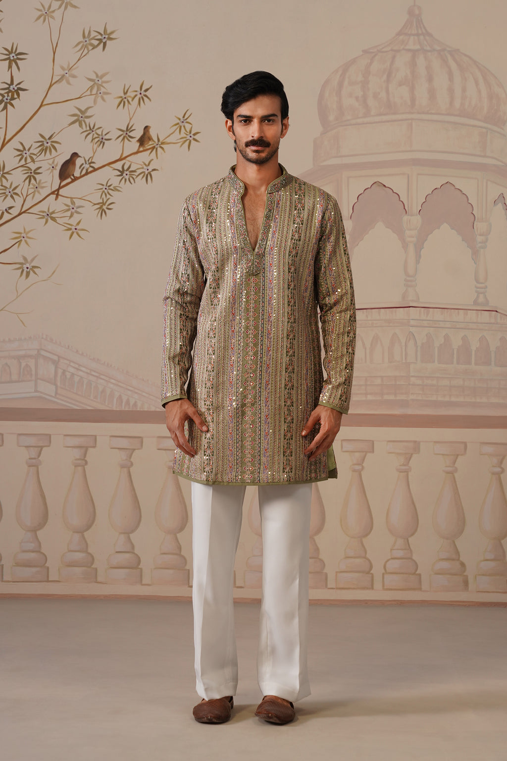 Rang Mahal Sage Green Hand Embroidered V-Neck Kurta Set