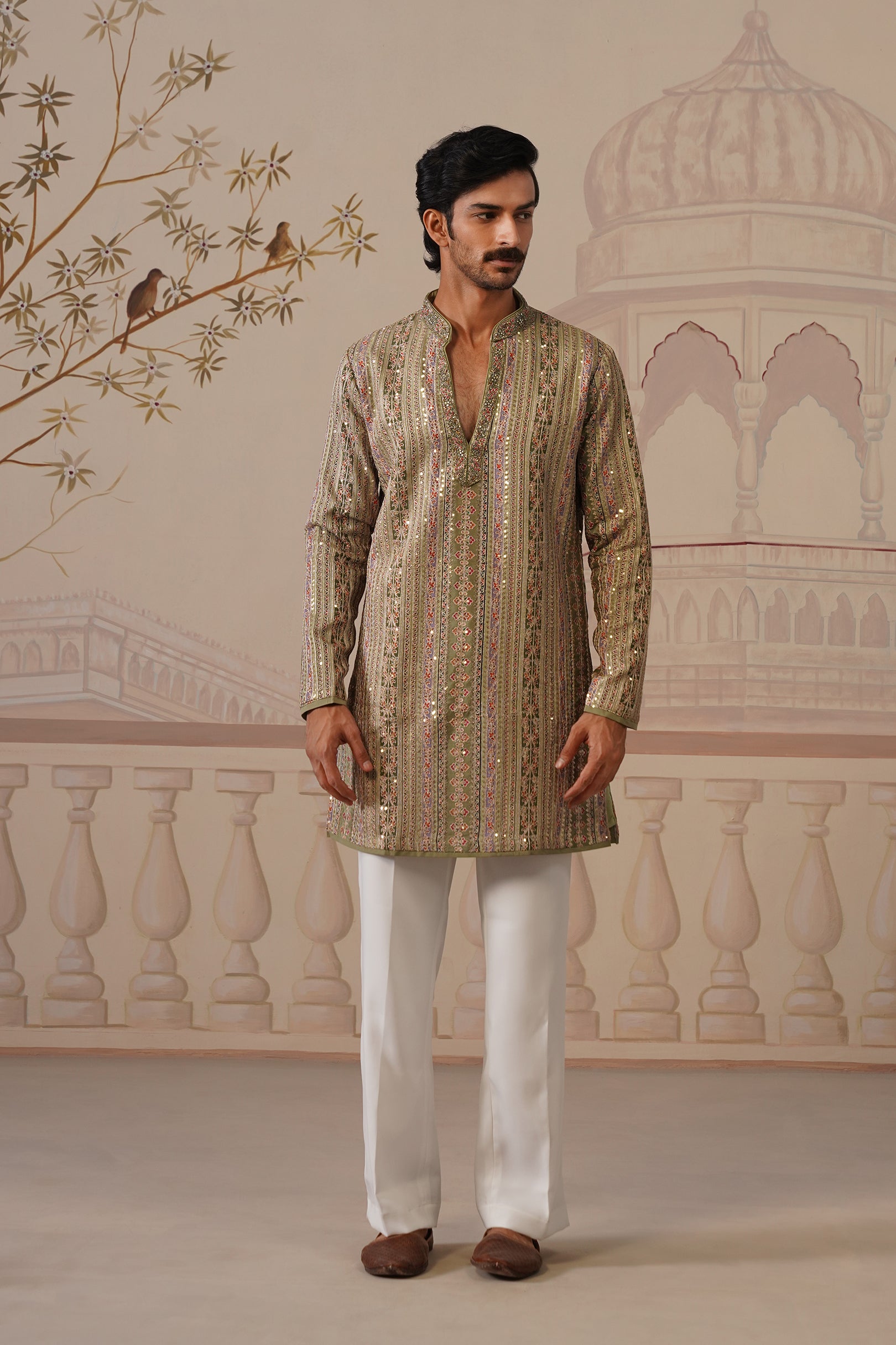 Rang Mahal Sage Green Hand Embroidered V-Neck Kurta Set