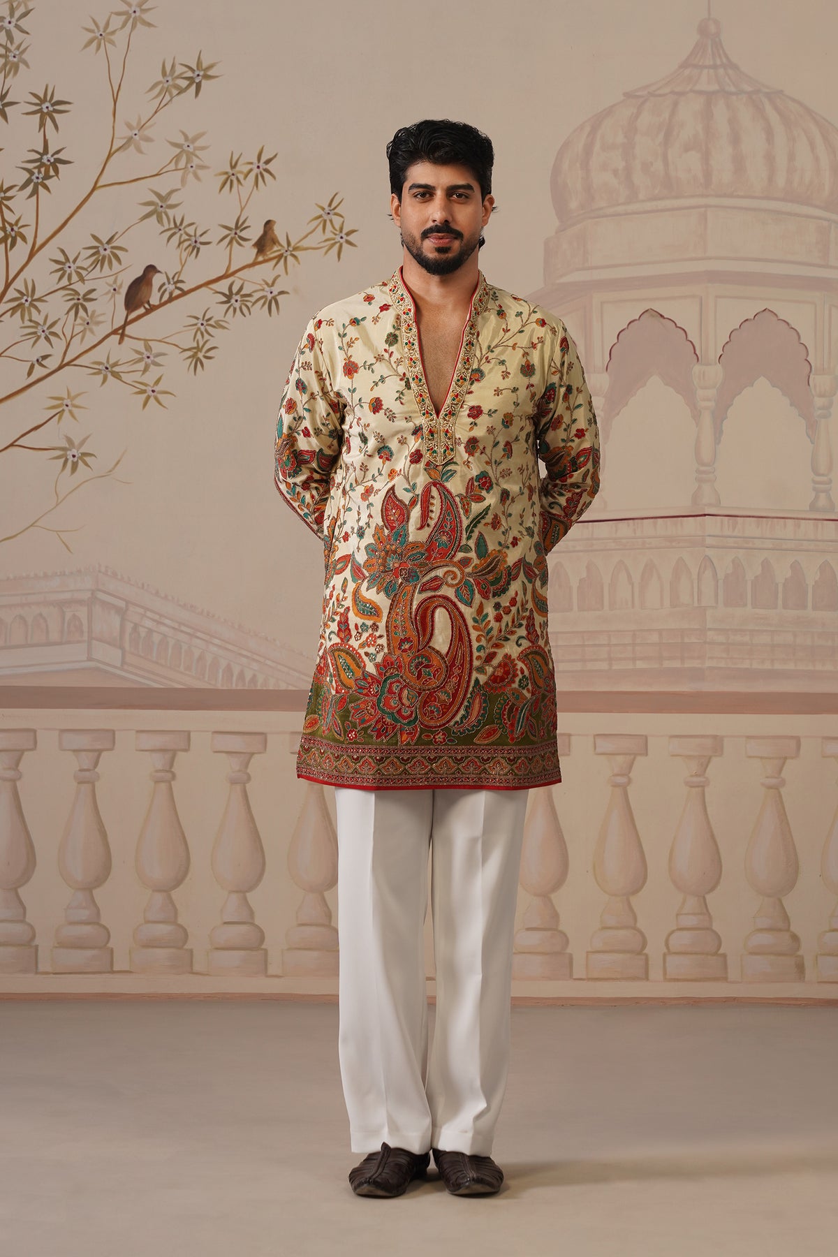 Pushp V-Neck Hand Embroidered Kurta with Trouser