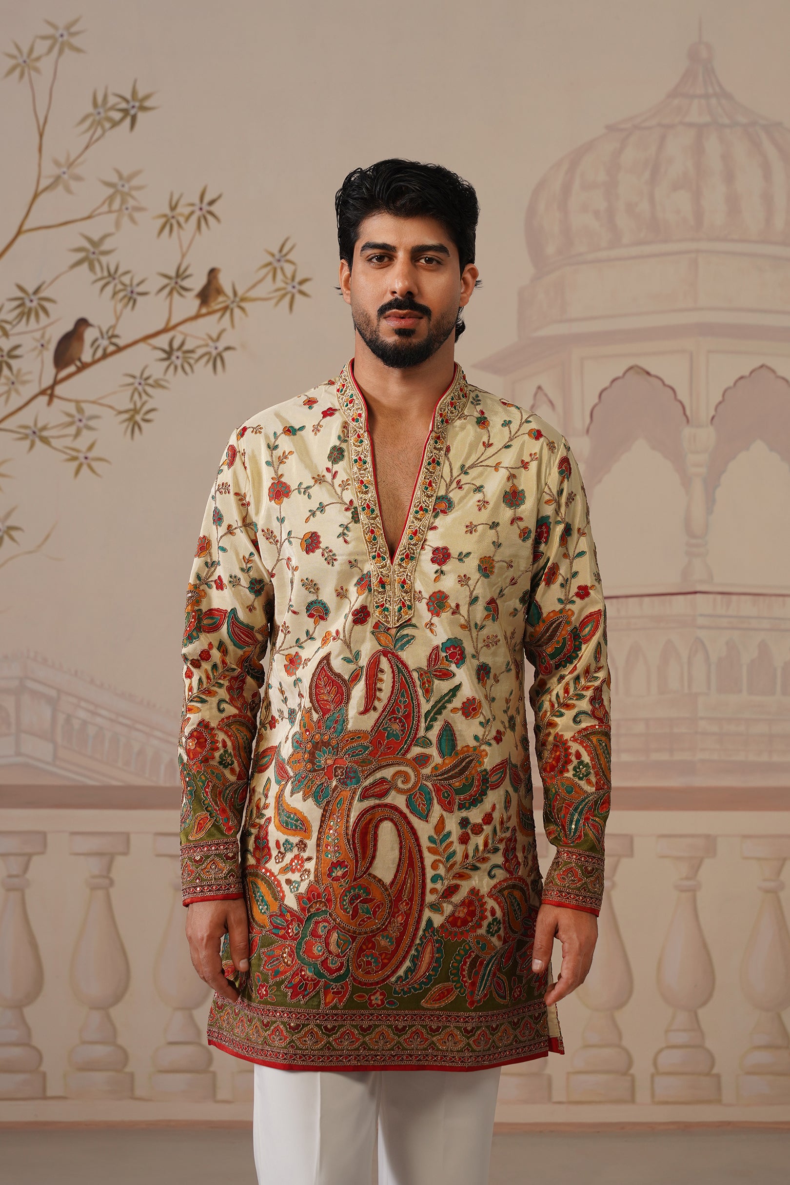 Pushp V-Neck Hand Embroidered Kurta with Trouser