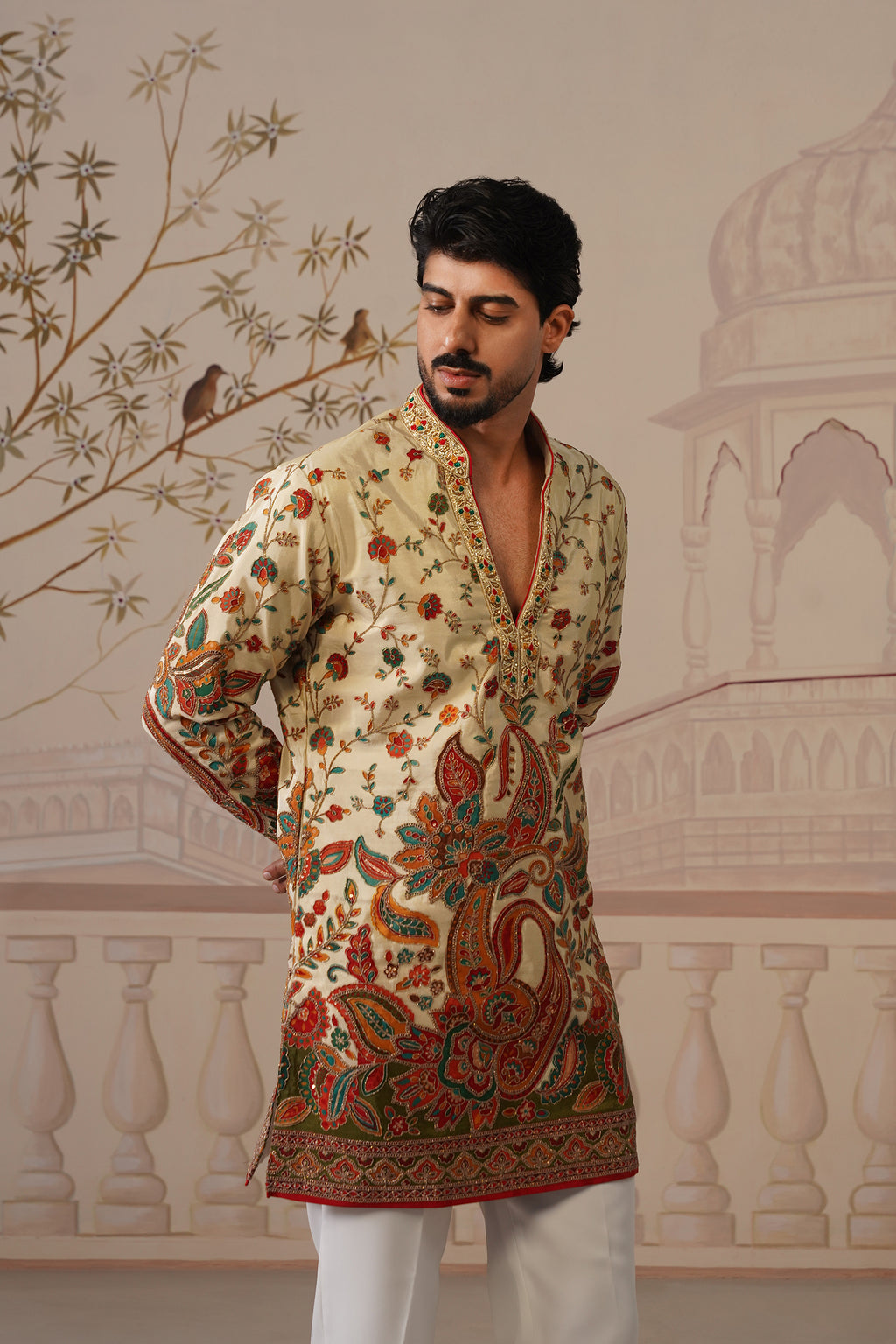 Pushp V-Neck Hand Embroidered Kurta with Trouser