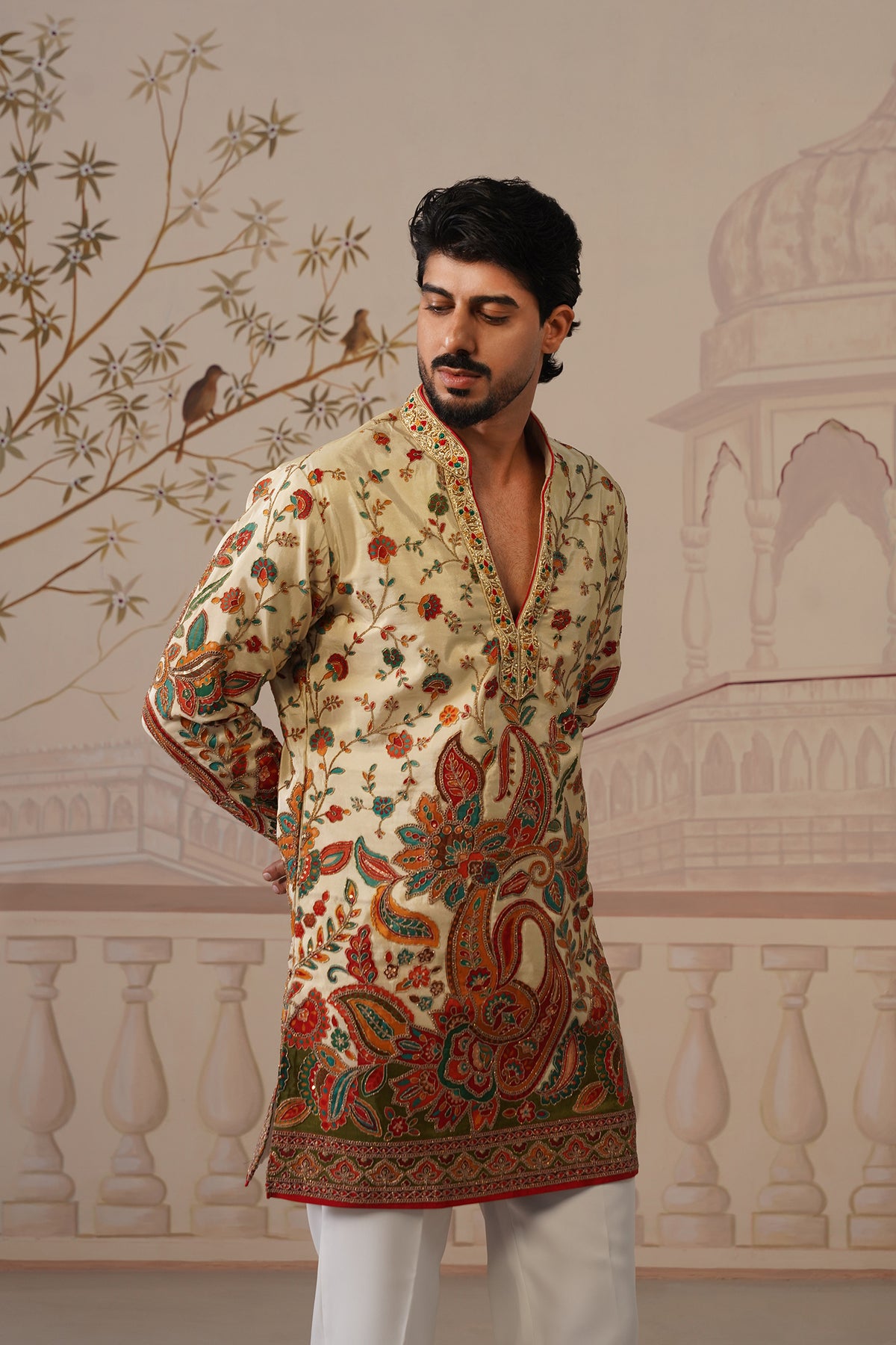 Pushp V-Neck Hand Embroidered Kurta with Trouser