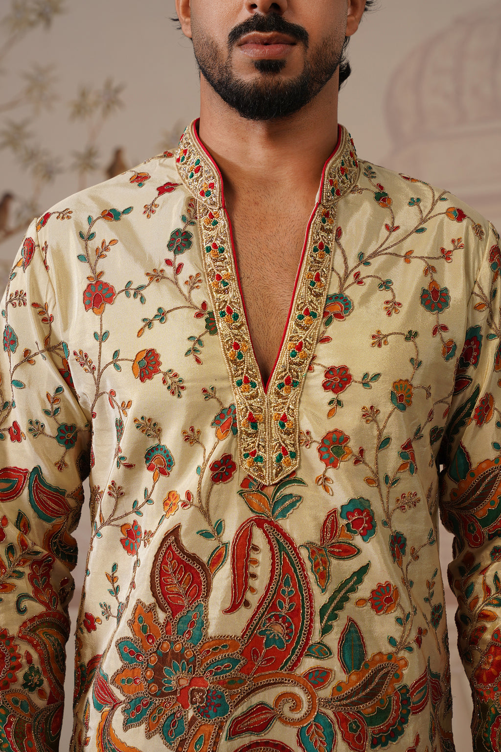 Pushp V-Neck Hand Embroidered Kurta with Trouser