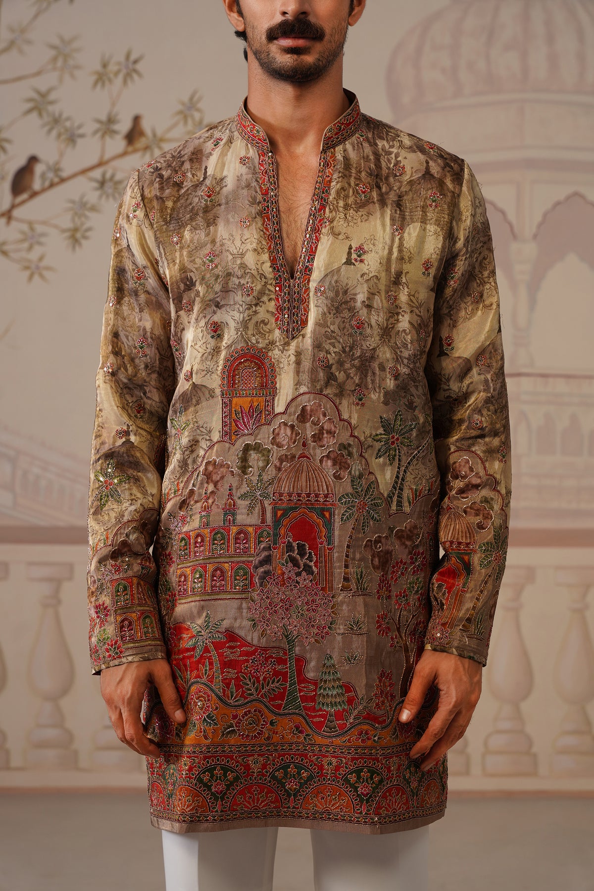 Avadh Beige-Gold V-Neck Short Kurta with Trouser