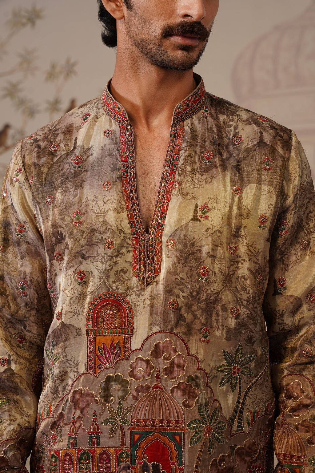 Avadh Beige-Gold V-Neck Short Kurta with Trouser