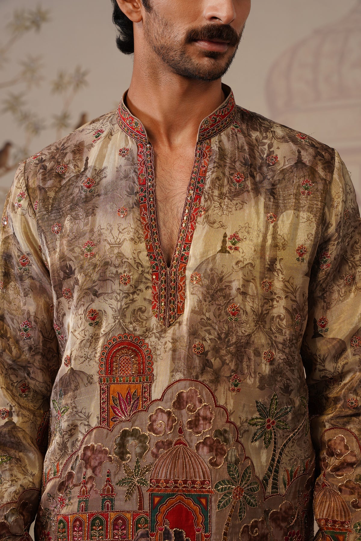Avadh Beige-Gold V-Neck Short Kurta with Trouser