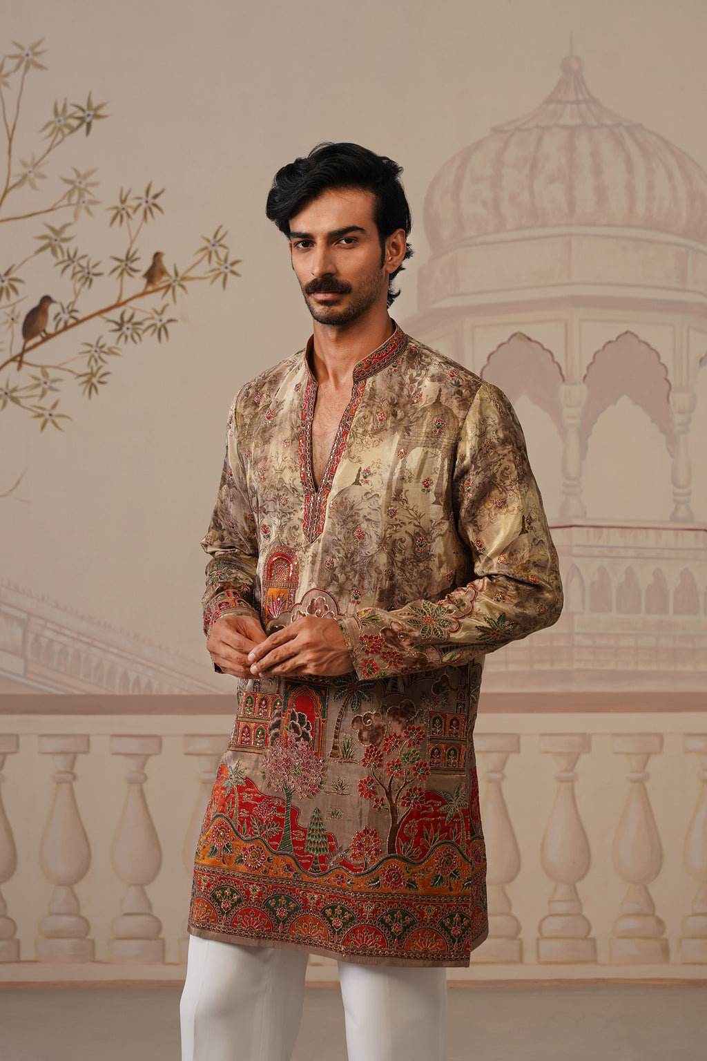 Avadh Beige-Gold V-Neck Short Kurta with Trouser