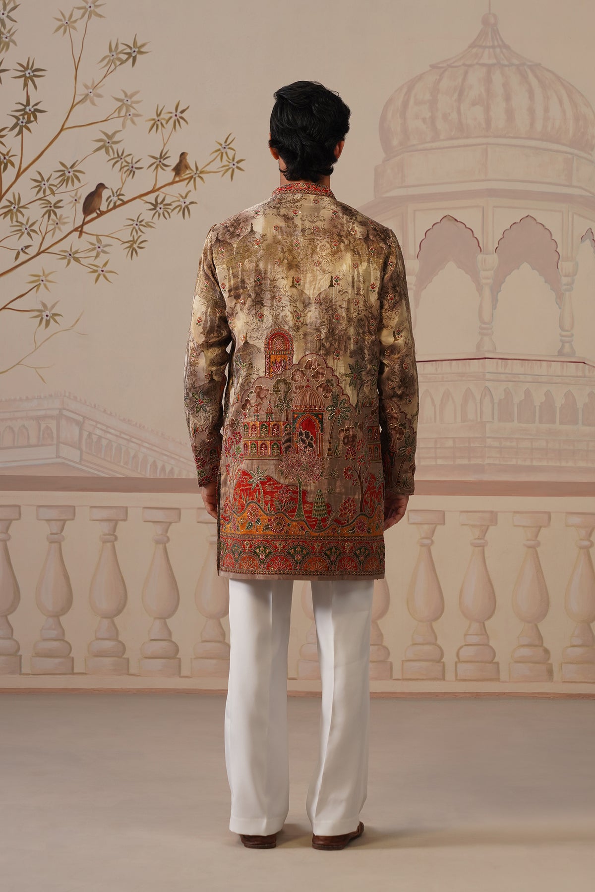 Avadh Beige-Gold V-Neck Short Kurta with Trouser
