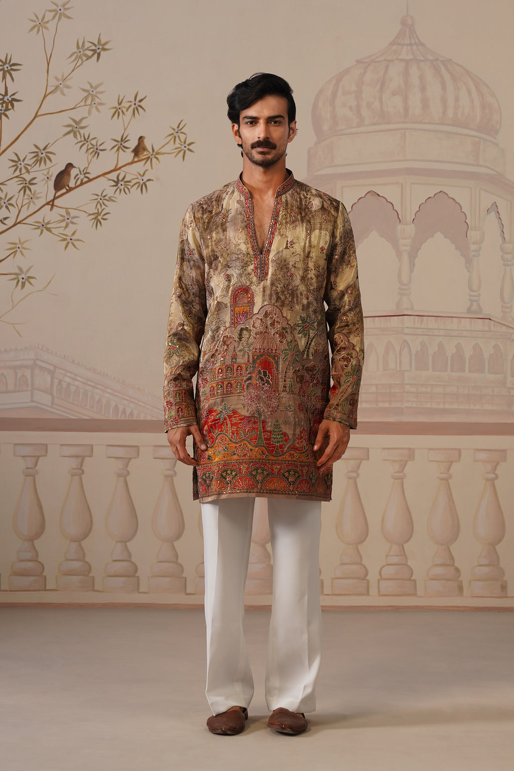 Avadh Beige-Gold V-Neck Short Kurta with Trouser