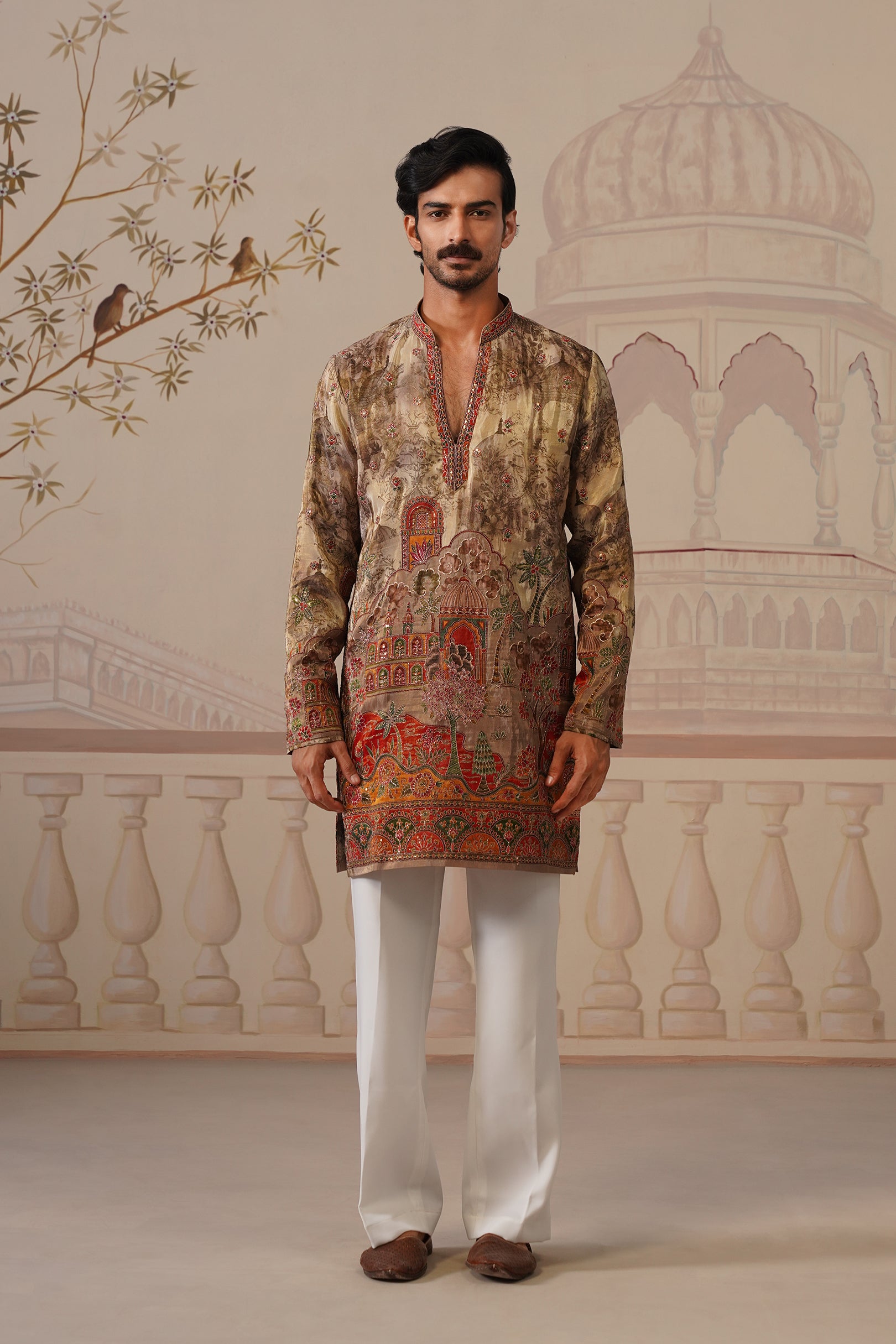 Avadh Beige-Gold V-Neck Short Kurta with Trouser