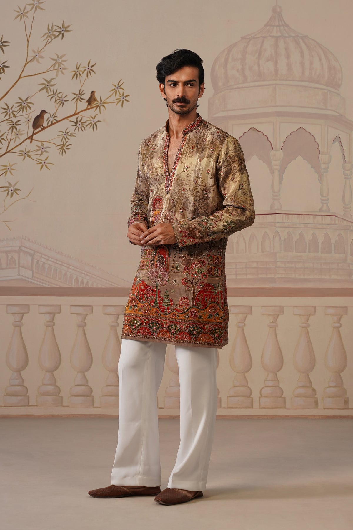 Avadh Beige-Gold V-Neck Short Kurta with Trouser