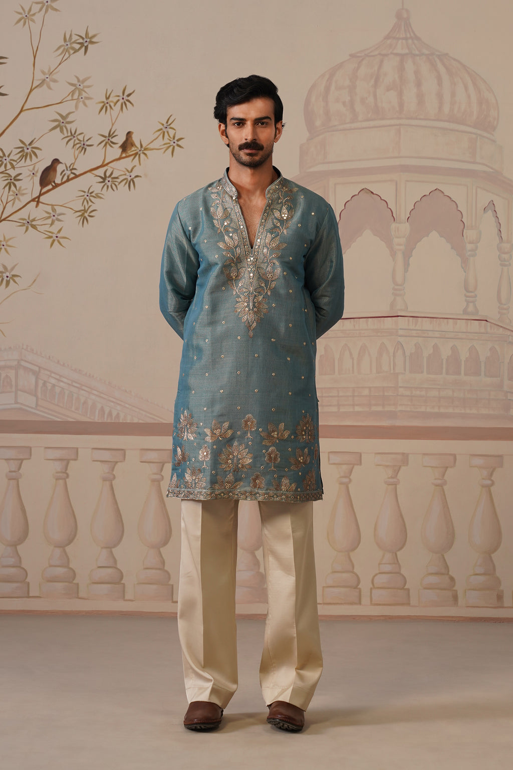 Neer Sage Blue V-Neck Short Kurta Set with Dupatta